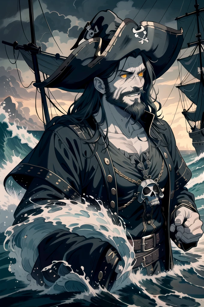 best quality,ultra-detailed,(realistic:1.37),medium:oil painting,man with pirate's cloth,evil laugh,detailed eyes,detailed lips,beard,rough sea in the background,treasure chest,skull symbol on the cloth,dark atmosphere,menacing look,high contrast lighting,ominous colors,various shades of black,menacing expression,shadows and highlights,haunting vibe,ominous clouds,stormy weather,rough waves,wrinkles on the face,dripping water from the cloth,smoke from a hidden ship,windy atmosphere,shipwreck in the distance,piercing gaze,pirate hat,flashing gold coins,sparkling gemstones,fierce pirate sword,captivating smirk,hidden treasure,ancient map in hand,glowing eyes,billowing sails,haunting laughter,sharp teeth,harsh shadows