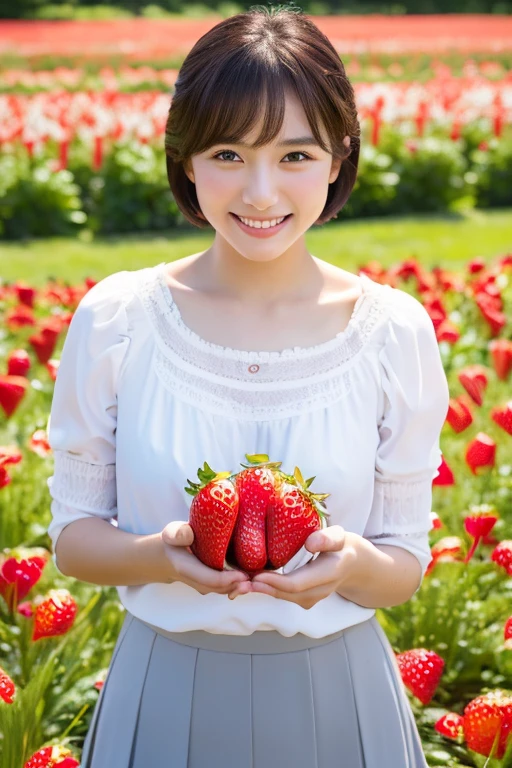 (highest quality, 8k, 32k, masterpiece, Ultra-high resolution:1.2), Beautiful Japanese Women Photos, 白色のbackground, One girl, Upper Body, short hair, smile, White blouse, Fabric grey pencil skirt, background（Strawberry field）