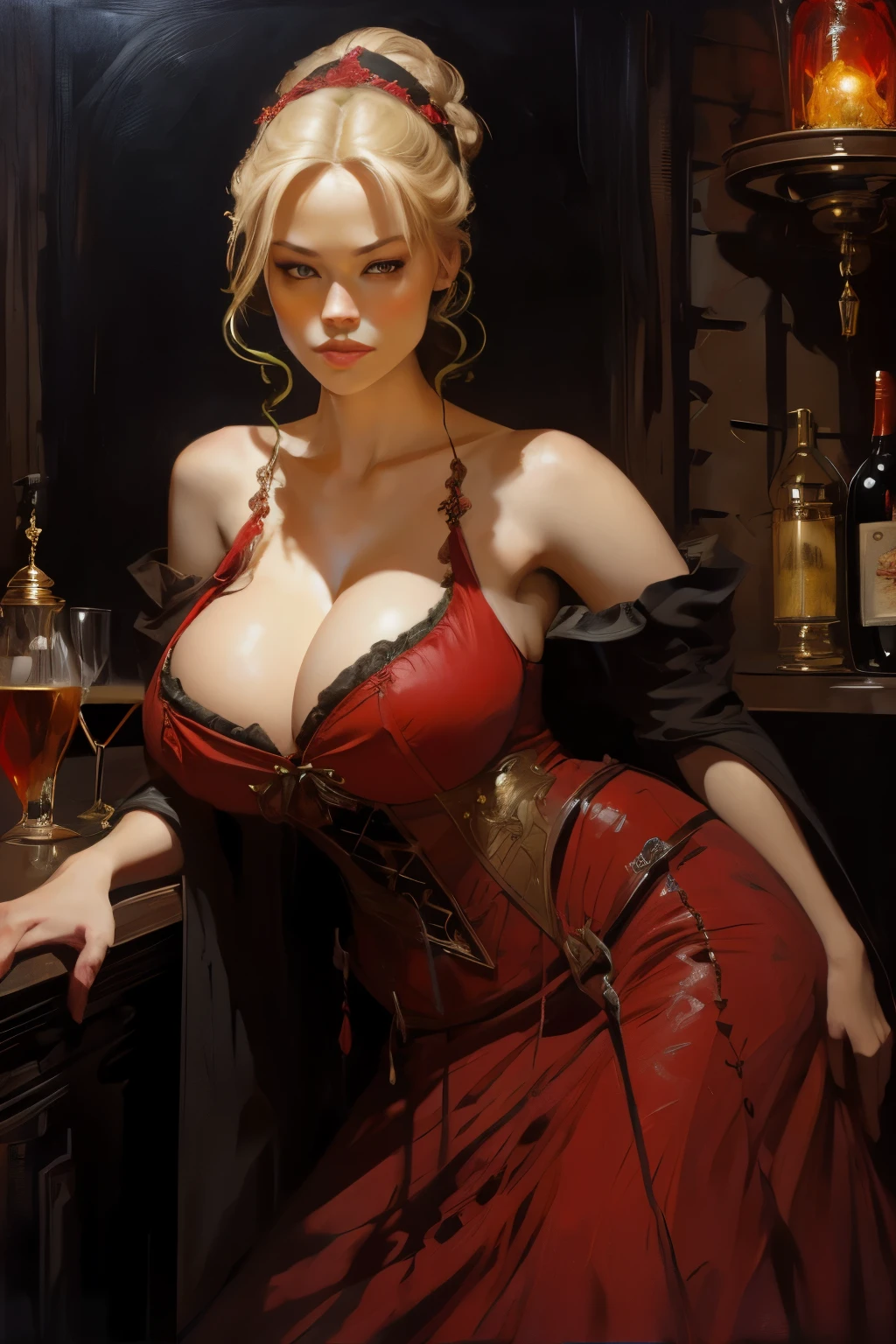 masterpiece, portrait of Guinwen as a courtesan in 19th century, 8K, 1 girl, realistic oil painting, pretty face, face of Guinwen, beautifully detailed eyes, sehr detailliert, blondes Haar, blonde Haare, hairbun, graue Augen, sichtbare Taille, large breasts, huge breasts, Haaransatz, behind a bar, voll bekleidet, Moulin Rouge, Chat Noir, Portrait, guests in the background, red lanterns, full body, ((oil painting)), full cleavage, full lips, soft skin, (green dress), gigantic breasts, dreamy look