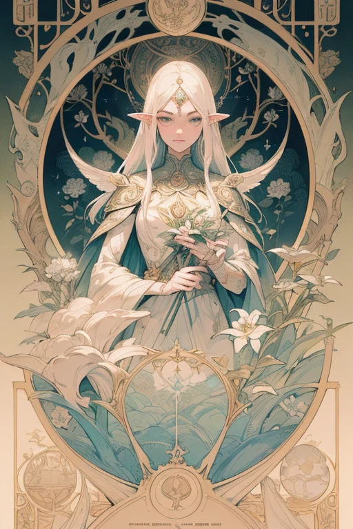 Gorgeous and beautiful Elven warrior queen tarot card, Fractal Magic, Travis Charest-style illustrations, Ink line art, Poster, Elle Fanning Model, society, Fantasy art, detailed illustration, Mysterious, Botanical masterpiece, detailed, Surreal, Elements of symbolism and surrealism, Intricate Design, Intertwined, Beautiful woman, Flowers, pastel.The contrast is quite strong、