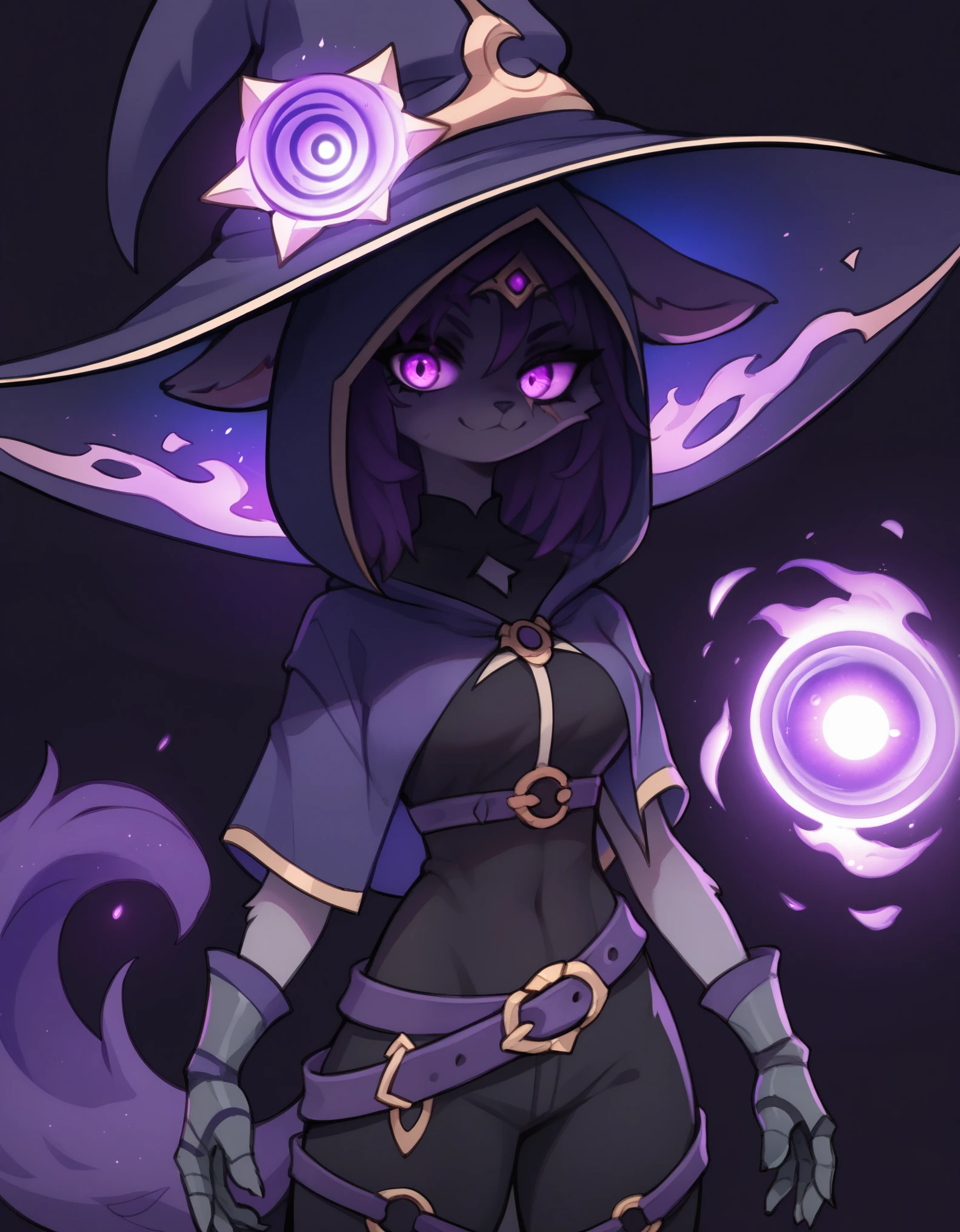 (score_9, score_8_up), score_7_up, solo, zPDXL, SqueakyStyle, Raven Team Leader, 1girl, masterpiece, best quality, purple hood, faceless, shaded face, animal ears, dark skin, purple skin, scar on eye, (furry), (body fur:1.2), purple fur, belt, straps, :3, torso symbol, metal gloves, cowboy shot, poses, magic, using magic, purple orb, orb, hood, (((witch hat))), purple hat, purple fire, purple background, dark background, fire, purple fire, looking at viewer, smile, solo