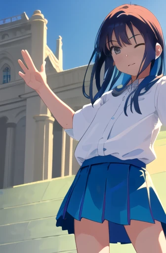 One girl, Stand upright, Put your hands down, (from the front:2), Medium brown hair,  Mouth closed, Small breasts, Flat Chest, Put your arms behind your back, Blue skirt like the sea, Pleated skirt,  blue sky,Blue Hair Girl