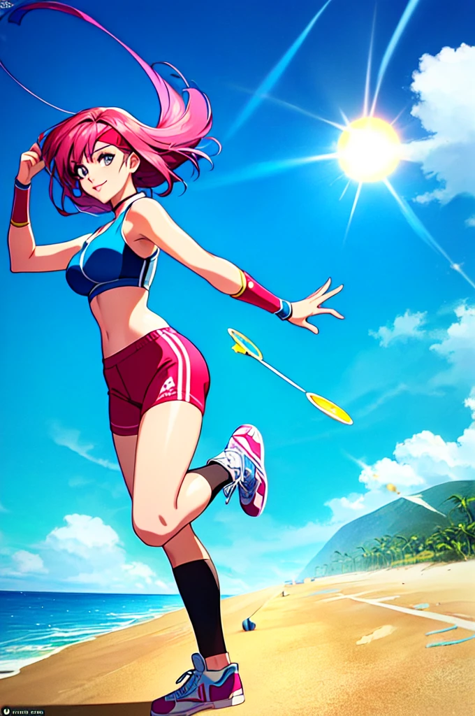 (perfect composition),imagined a girl in extreme sport outfit playing to a flying disc game in a beach arena game sport, masterpiece, ultra-detailed, 80's anime (style), 2D, megapixel, perfectionism, full HD , 4K, (windjammers), windjammers sport game, windjammers 2 (((((solo mature anime woman,)))))++++++++++++++++++, looking at viewer, full body, brown hair and pink hair, short hair, weird hair, smile, lips, eyelashes, medium breasts, gym uniform, uniform, gym shorts, headband, sports bra, elbow pad, knee pad, extreme sports outfit 80's theme, beach background, playing flying disc game on a beach court game, sea, sun in the sky, sports wear