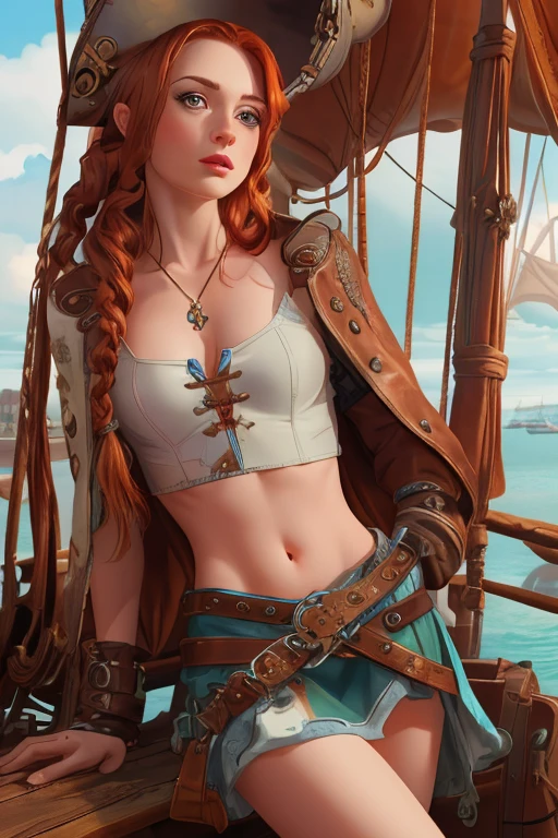 Karen gillan, an steampunk girl on the pirate's airship, over big sreampunk town, leaning forward, she follows merchant ships with a predatory gaze, her team on background is waiting for orders to start boarding, (white crop top:1.2), cute sexy, small breast, black leather boots, short blue skirt, tattoo, hyper detailed, ultra sharp, long auburn hair in braids, 8k, (insanely detailed:1.5), full body photography, 20 megapixel, canon eos r3, naturally pale skin