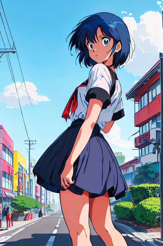 (perfect composition),anime character Sukeban delinquent girl  standing on a city street corner in black seifuku with black very long skirt, anime style. 8k, anime style mixed with fujifilm, retro anime girl, anime styled digital art, in tokyo, anime style illustration, anime style 4 k, anime style artwork, anime poster film still portrait, tokyo anime scene, modern anime style, anime style digital art, short hair, 26year old, red converse,