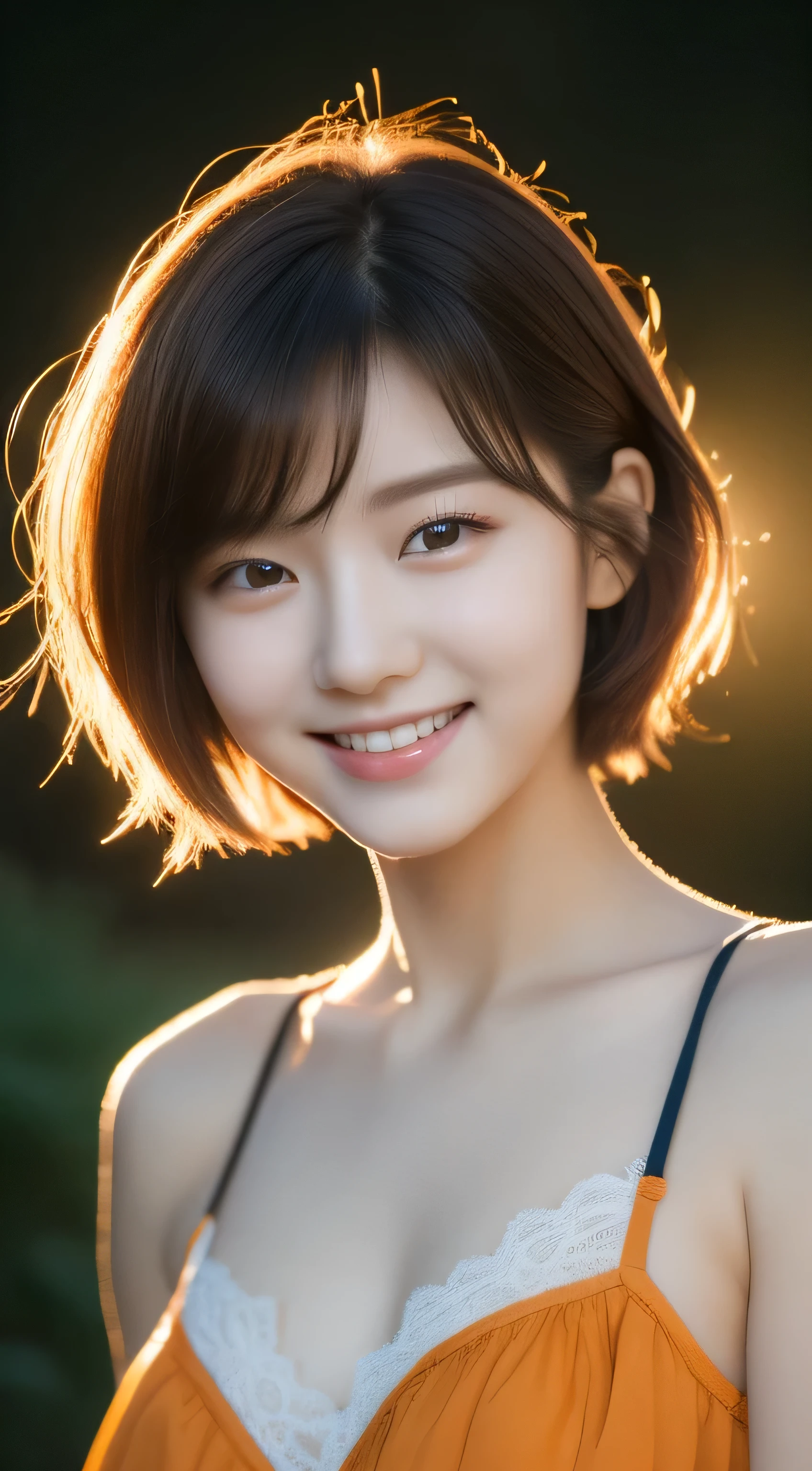 (original photography), (realism), (masterpiece), (top quality), high resolution, 16k resolution, 1 cute real photo of Korean stars,18 years old，(short hair), (messy hair)，White skin, Light makeup, (Bust 22 inches:1.2), Smile, Wearing an orange camisole, In the Japanese Garden, Sunset lights, Close-up portrait, Ultra HD