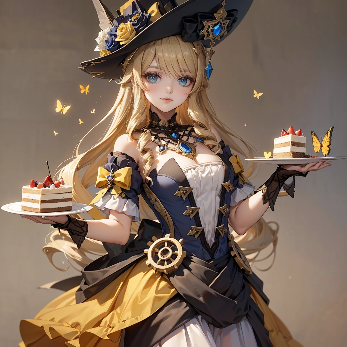  The girl has beautifully detailed eyes and a kind smile on her face. The girl is holding a plate of cake in her hand.........butterflies fly on a beige background many yellow flowers on in steampunk style .... The work must be of the highest quality.., be a masterpiece, and have high resolution details.,Girl up to the waist
