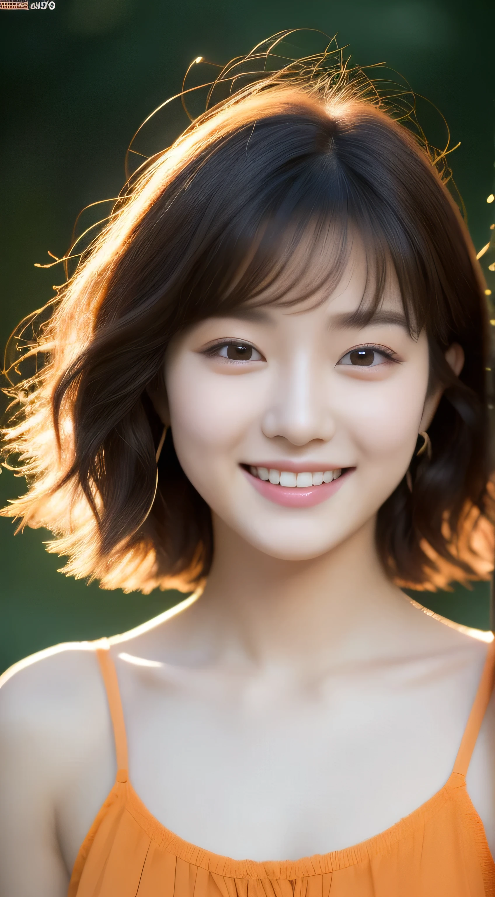 (original photography), (realism), (masterpiece), (top quality), high resolution, 16k resolution, 1 cute real photo of Korean stars,18 years old,(short hair), (messy hair),White skin, Light makeup, (Bust 22 inches:1.2), Smile, Wearing an orange camisole, In the Japanese Garden, Sunset lights, Close-up portrait, Ultra HD
