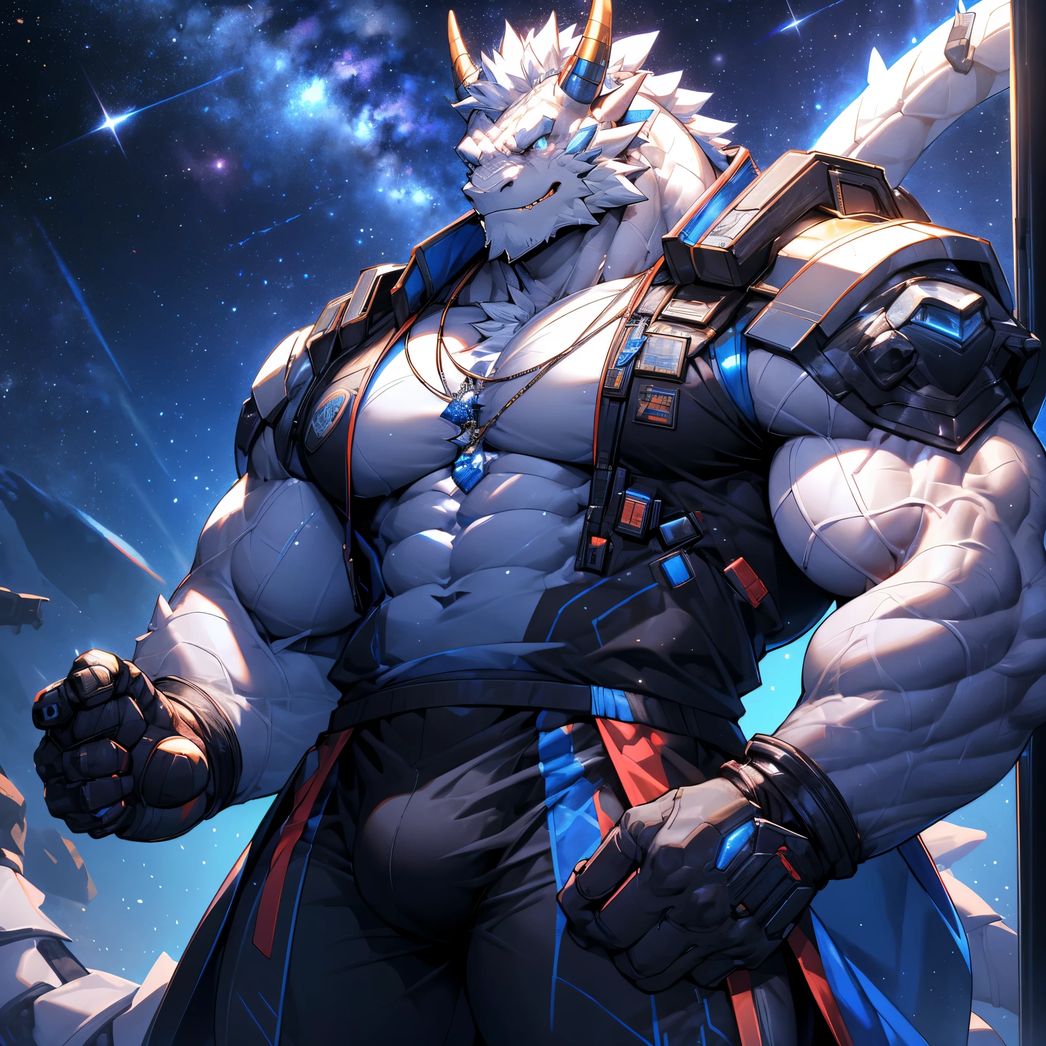 Muscular White Dragon, Pectoralis major, (bara pecs: 1.3), White Dragon,White beard,Heavyweight, Bodybuilder figure, Wearing cyberpunk mechs, Dress, (Crotch bulge: 1.1), View of the Milky Way from a spacecraft, In the Universe, Bright smile emoticon, sparkling skin, Vibrant colors, 4K, realism, Cool lighting