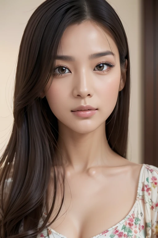 Beautiful Japanese Women, 30 years old, I, Highly detailed face and skin, Detailed eyes, drooping eyes, double eyelid, Beautiful Eyes, Big eyes, latest mansion, Beautiful modern living room, standing, Floral Dress, Correct skeleton, A little while ago, Full Shot, (Photorealistic), (Intricate details:1.2),(masterpiece, :1.3),(highest quality:1.4), (超A high resolution:1.2), 超A high resolution, (Detailed eyes), (Detailed facial features), High resolution, 8k resolution