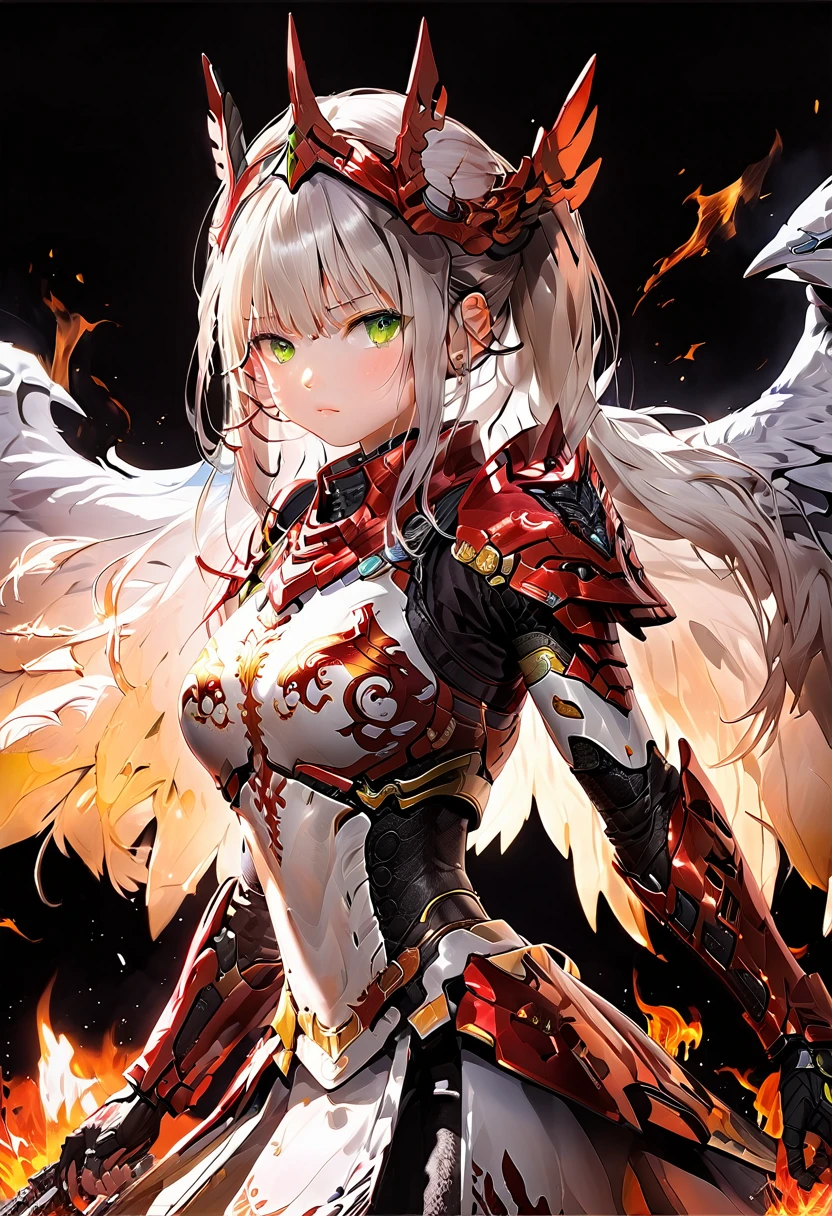 ((high quality)), ((masterpiece: 1.4)), ((high res)) ,((detailed outfit)), ((perfect anatomy)),japanese anime style girl,detailed full body picture, (detailed eyes), (nice hands), (perfect hands), (detail hands), fighting pose, fantasy style, ((character theme: imperial knight, garuda, fire, phoenix, elder of pyromancer)), full heavy metallic armor, (in the colors primary: red color, secondary: gold color), headgear, (dual wielding daggers), armor_with_rune_texture, white hair, ponytail, green eyes, wispy bangs, fire_element, burning aura, fire absorption ability, nigh-omnipotent ability