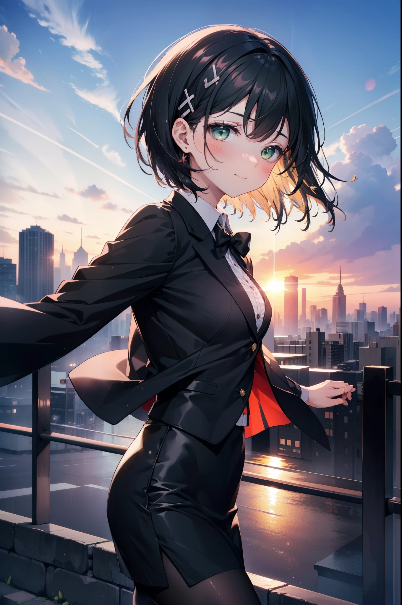 Suguhakirigaya, Suguhakirigaya, (Green Eyes:1.2), hair ornaments, Hair Clip, short hair, Black Hair,smile,blush,happy smile, smile, Open your mouth,OL, Black suit jacket, Collared jacket, White dress shirt, Collared shirt, Neckline, button, Black pencil skirt, Black pantyhose,Stiletto heels,Sunset,evening,The sun is setting,walking,whole bodyがイラストに入るように,
break outdoors, city,construction area,crowd, people々々々,
break looking at viewer, whole body, 
break (masterpiece:1.2), highest quality, High resolution, unity 8k wallpaper, (shape:0.8), (Beautiful details:1.6), Highly detailed face, Perfect lighting, Highly detailed CG, (Perfect hands, Perfect Anatomy),