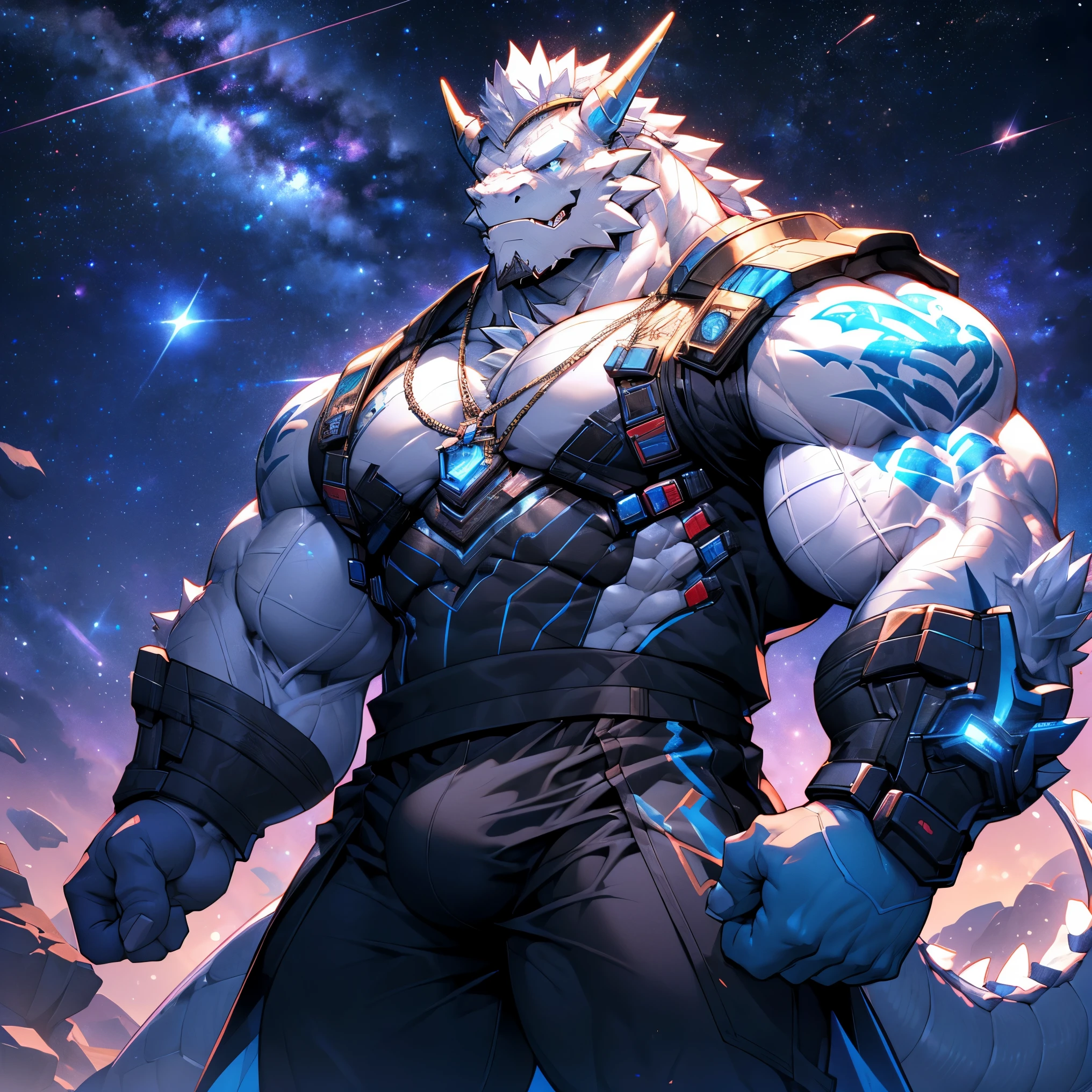 Muscular White Dragon, Pectoralis major, (bara pecs: 1.3), White Dragon,White beard,Heavyweight, Bodybuilder figure, Wearing cyberpunk mechs, Dress, (Crotch bulge: 1.1), View of the Milky Way from a spacecraft, In the Universe, Bright smile emoticon, sparkling skin, Vibrant colors, 4K, realism, Cool lighting