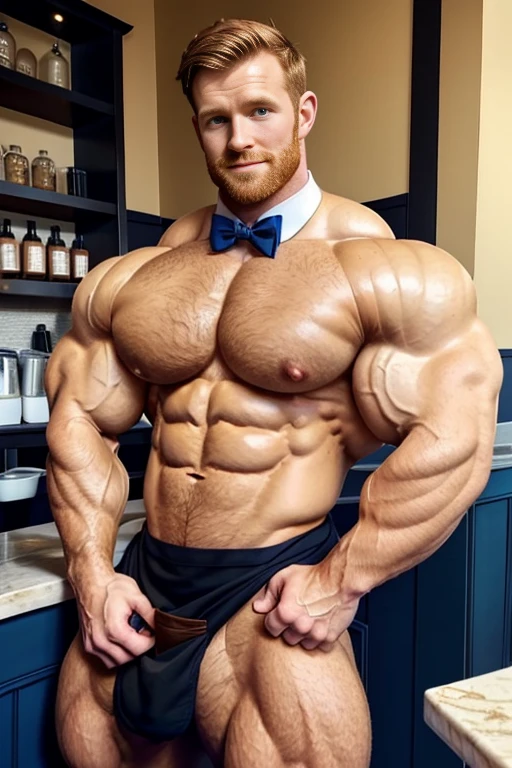 (1boy), (soft smile), tan skin, barista in a french cafe, wearing a bow tie and black jockstrap, daylight, drinking a cup of coffee, (muscular:1.5), ginger, (defined muscles:1.5), (beautiful:1.5), (handsome:1.4), (gorgeous:1.3), ginger, flexed chest, black apron, Matt Smith with radiant blue eyes, hairy, muscle bimbo, unrealistically big crotch