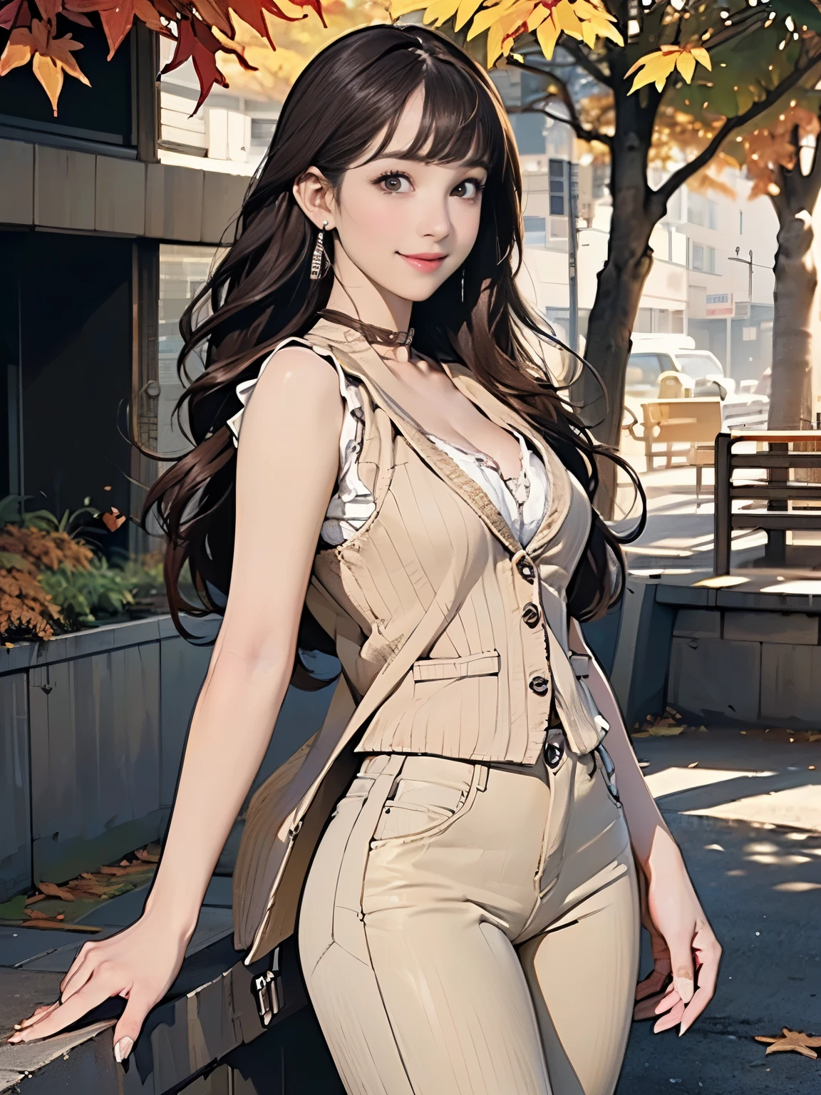 ((((highest quality))))、(((Ultra-precision CG16K wallpaper)))、(((masterpiece)))、(((Super detailed)))、(((Extreme detail)))、((1Mature 29 year old woman:1.6))、((Very beautiful Japanese faces))、((Yua Mikami:1.5))、((Straight semi-long hair、blunt bangs:1.5))、(Shiny brown hair)、Beautiful brown eyes、Clearly defined pupils、eyeliner、eye shadow、High nose、Small nostrils、Small Mouth、Seductive lips、Beautiful breasts、((C cup size breasts))、Cleavage、Beautiful feet、eight-headed body、Perfect proportions、Perfect Anatomy、Perfect composition、Beautiful detailed shading、Beautiful, natural lighting、Beautiful detail glow、Depth of written boundary、(((High chroma)))、(((Real:1.9)))、((vivid:1.5))、((Beautiful Skin))、((Skin Texture))、((Realな皮膚感))、(((Cowboy Shot:1.6)))、((Front view、shoot from front、Front low angle:1.6))、(((smile:1.7)))、((The woman is looking at this、looking at viewer、Facing forward:1.6))、Bright daylight、Natural light、(((street tree、autumn leaves:1.5)))、(Fashion model pose:1.6)、(((Brown ribbed knit vest、Beige skinny pants:1.6)))、((choker、Wearing earrings:1.3))、
