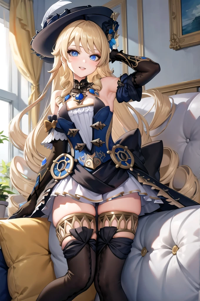 (masterpiece, best quality, detailed), 1girl, solo, blue eyes, drill hair, bangs, looking at viewer, long hair, dress, hat, hat flower, hat feather, jewelry, flower, gloves, detached sleeves, elbow gloves, hat feather, thighhighs, thigh boots,
indoors, couch, pillow, window, curtains, potted plant, dutch angle, on back, arms behind head, smile, parted lips