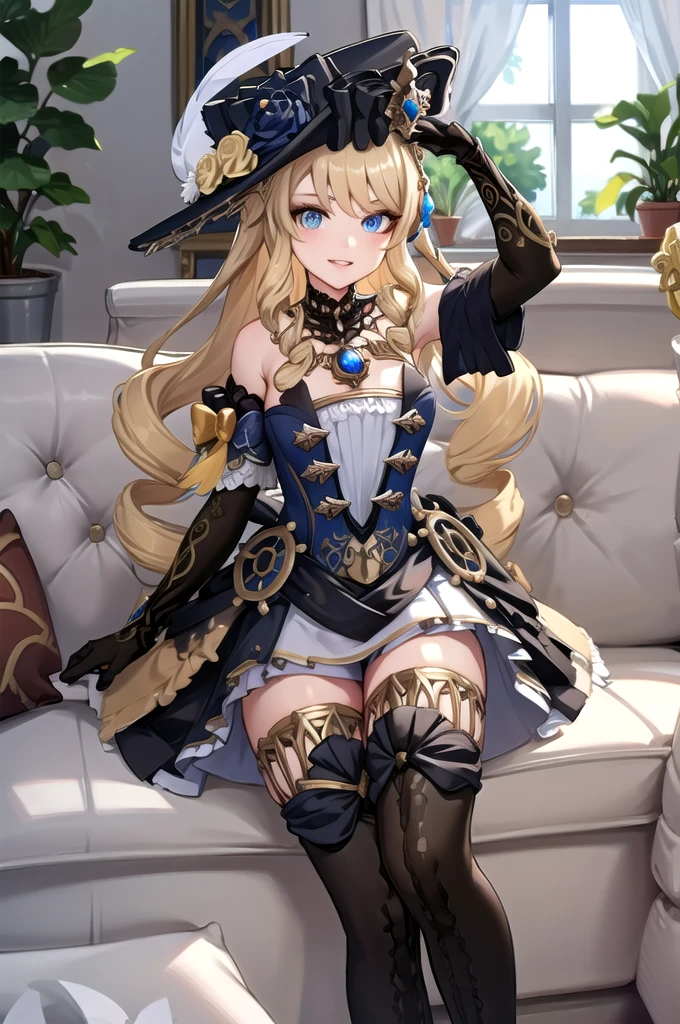 (masterpiece, best quality, detailed), 1girl, solo, blue eyes, drill hair, bangs, looking at viewer, long hair, dress, hat, hat flower, hat feather, jewelry, flower, gloves, detached sleeves, elbow gloves, hat feather, thighhighs, thigh boots,
indoors, couch, pillow, window, curtains, potted plant, dutch angle, on back, arms behind head, smile, parted lips