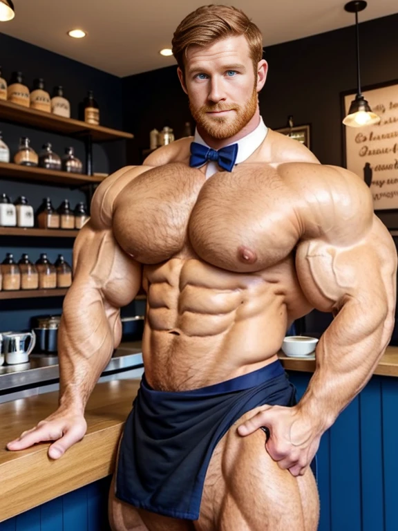 (1boy), (soft smile), tan skin, barista in a french cafe, wearing a bow tie and black jockstrap, daylight, drinking a cup of coffee, (muscular:1.5), ginger, (defined muscles:1.5), (beautiful:1.5), (handsome:1.4), (gorgeous:1.3), ginger, flexed chest, black apron, Matt Smith with radiant blue eyes, hairy, muscle bimbo, unrealistically big crotch