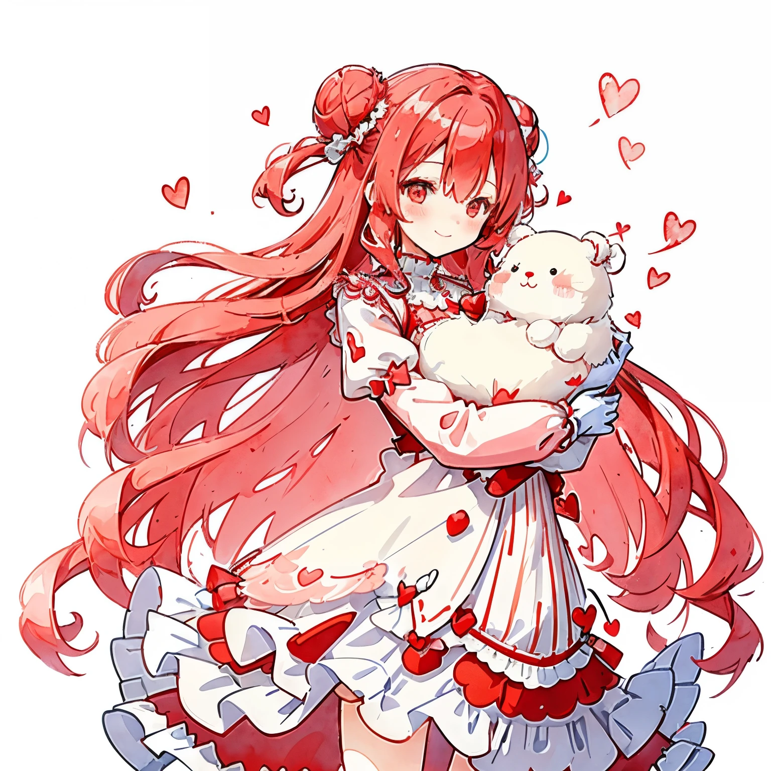 White and red wavy hair, Bun Hair, Hair in one, Beautiful Hair, Cute composition, Depth of the Boundary, Beautiful soft illustration, Watercolor style, Bright redhead, Hearts, lots of hearts, fluffy smile, Queen of Hearts, lace gloves, red frilly dress, voluminous one-piece dress, queenly dignity, red and pink