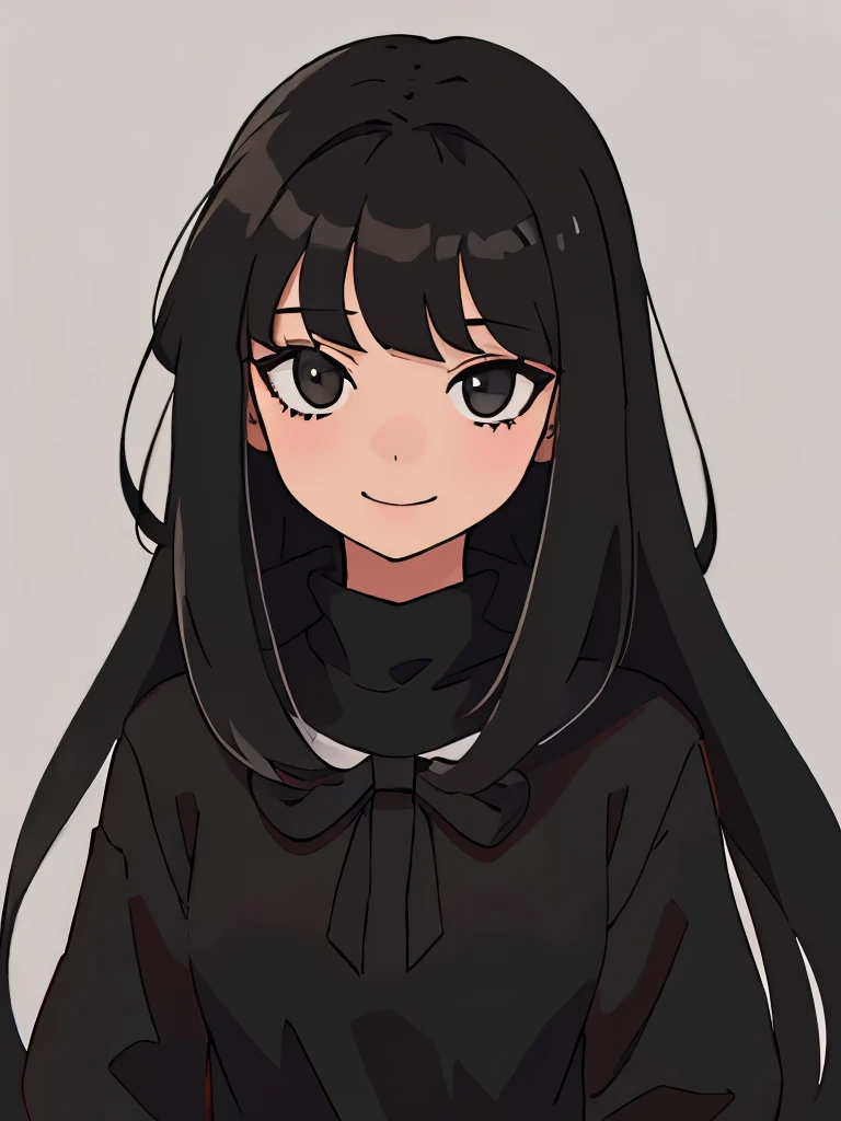 Perfect anime illustration, of a girl having long black hair with bangs, wearing a black mask, small bow on her head smiling pretty, aesthetic, soft
