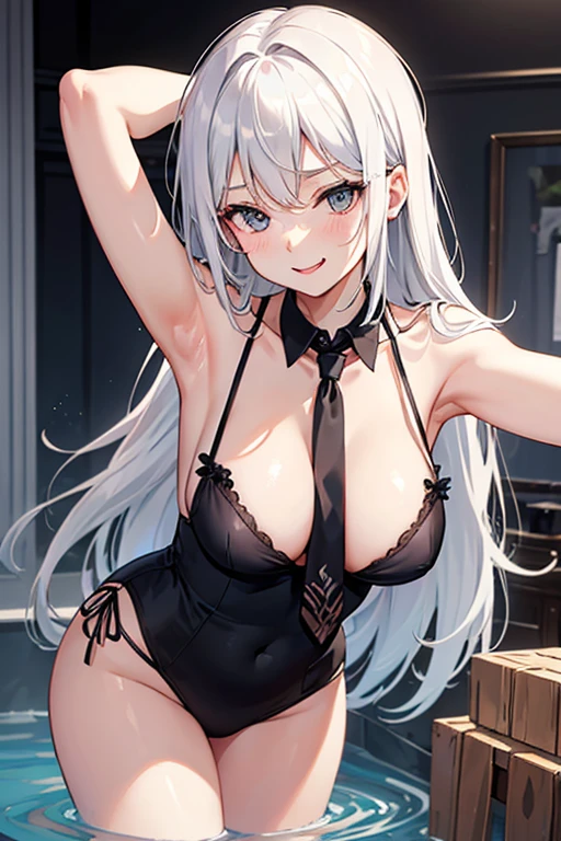 covr, disheveled hair, Bare arms, arms behind head, tongue, bathing, indoor, wink, wearing necktie, bent over, white hair, naughty face, excited, wearing chemise, adult lady like woman