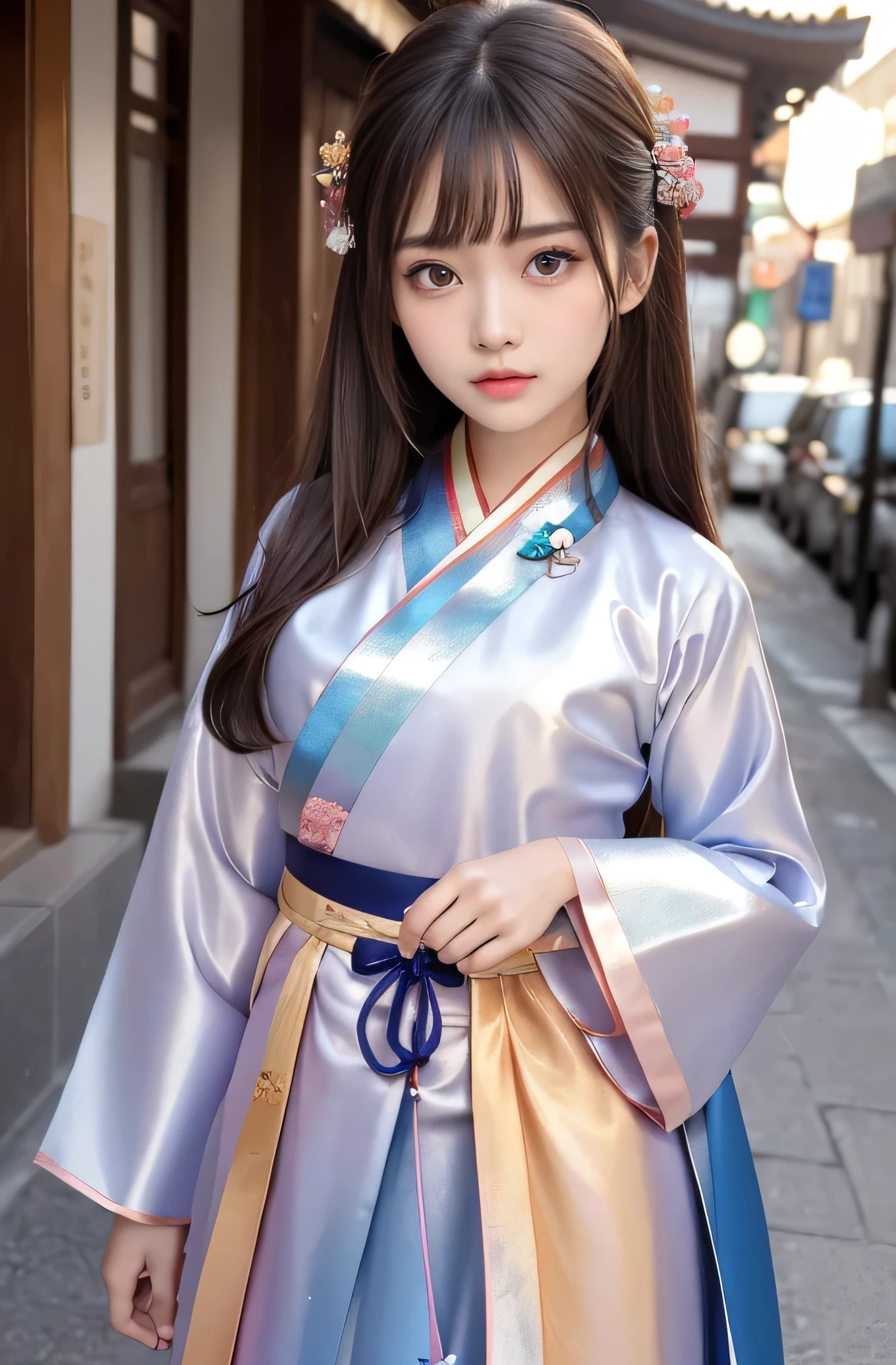 Angelic Very beautiful cute girl,11 yo,
Beautiful detailed eyes,
Detailed double eyelids,
(Large eyes:1.4),
Long straight brown hair,
see-through bangs,
Sharp Focus,small straight nose,
beautiful detailed face and eyes,
drooping eyes,
(Soft Saturation: 1.3), (Fair skin: 1.2),BREAK (beautiful hanbok: 1.5),(Super shiny metallic gorgeous vivid colored Chima jeogori:1.4),(beautiful hanbok: 1.5),costume traditionally worn by Korean women,
Walking,
Brown hair,
(korean Chimajeogori:1.4) , (costume with strong reflective surfaces:1.5),
Costume lighting,
In the street