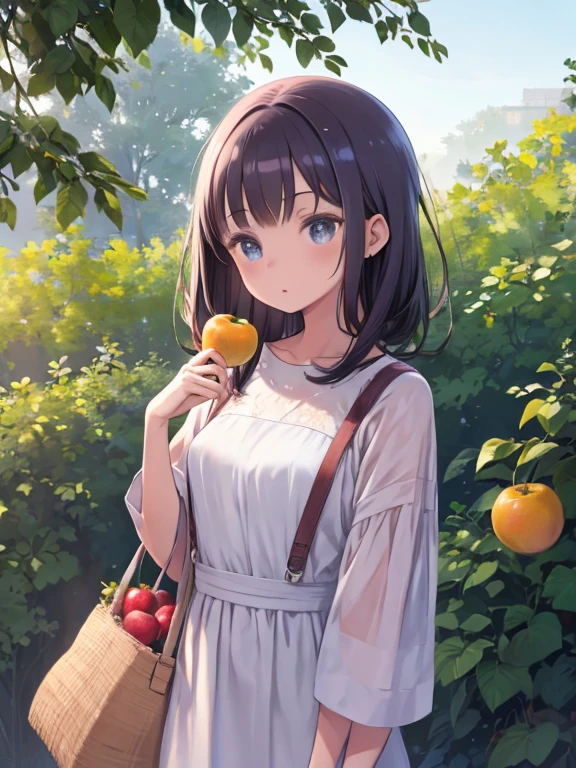 masterpiece、highest quality、High resolution、Very detailed、close、medium wide shot、girl、holding fruit in hand、Cute casual clothes
