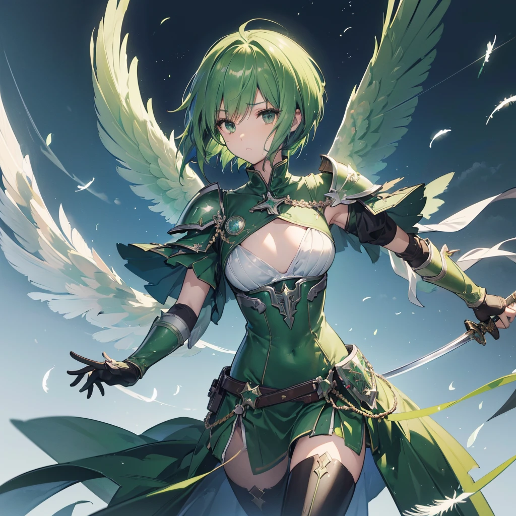 ((high resolution　Green Hair　Short Hair　Iron Armor　Angel of Victory　Lonely　despair))　((night　Western style　chest　Shining Aura　gloves))　(Big feather　Dance　Blade of Light　Holding a sword　long　Slashing)　night　moon　star　Slashing　Catch the wind　