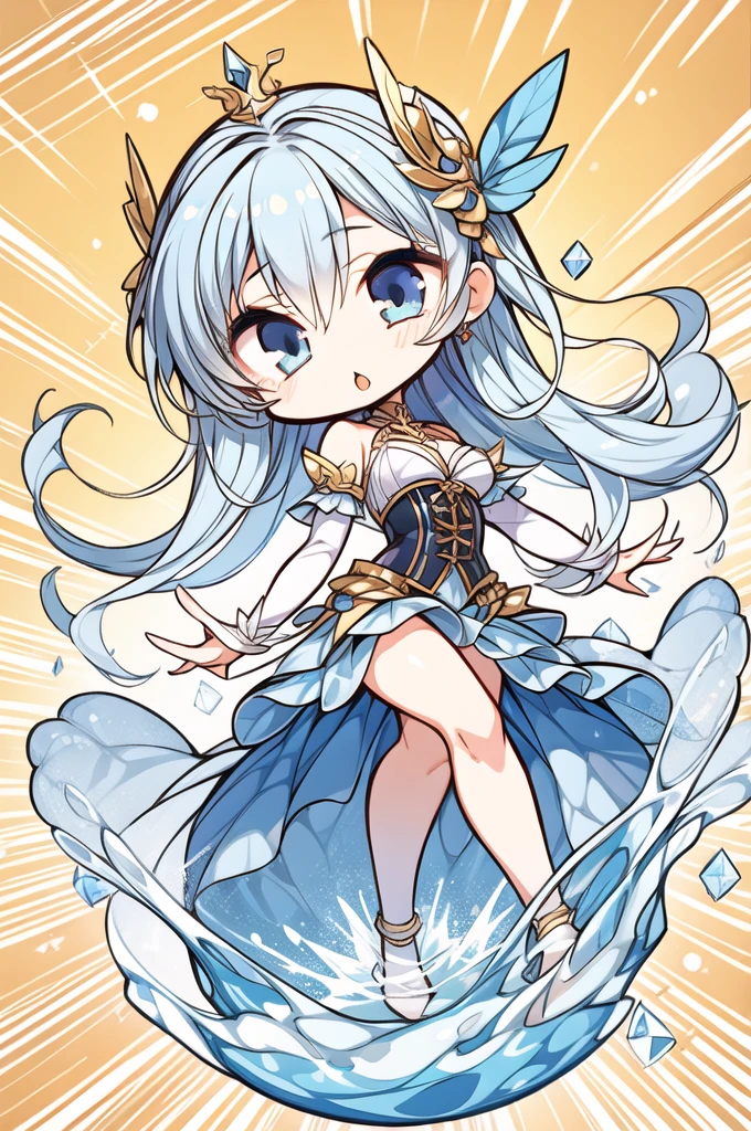 (masterpiece, highest quality), One girl, cute,young,Blue Hair, blue eyes,  hand crystal ice,Blue Magic Circle, Blue corset, Light blue knee socks,   Abstract, Learn the anatomy of the limbs、Add some gold to your outfit、princess、Water God、God of Healing、Sage、chibi character,chibi style,white background, Her pet is a bright red cat.,