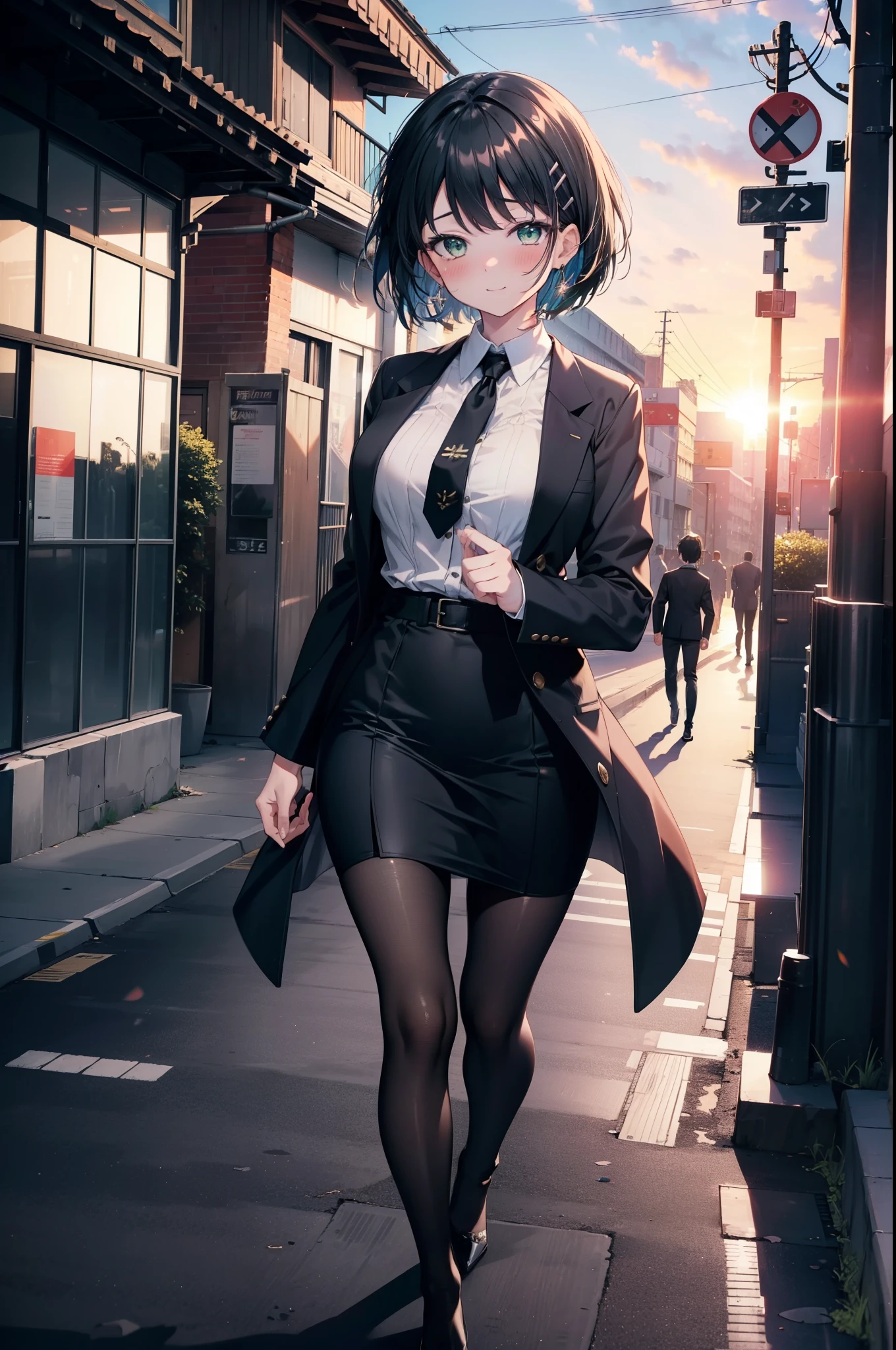 Suguhakirigaya, Suguhakirigaya, (Green Eyes:1.2), hair ornaments, Hair Clip, short hair, Black Hair,smile,blush,happy smile, smile, Open your mouth,OL, Black suit jacket, Collared jacket, White dress shirt, Collared shirt, Neckline, button, Black pencil skirt, Black pantyhose,Stiletto heels,Sunset,evening,The sun is setting,walking,whole bodyがイラストに入るように,
break outdoors, city,construction area,crowd, people々々々,
break looking at viewer, whole body, 
break (masterpiece:1.2), highest quality, High resolution, unity 8k wallpaper, (shape:0.8), (Beautiful details:1.6), Highly detailed face, Perfect lighting, Highly detailed CG, (Perfect hands, Perfect Anatomy),