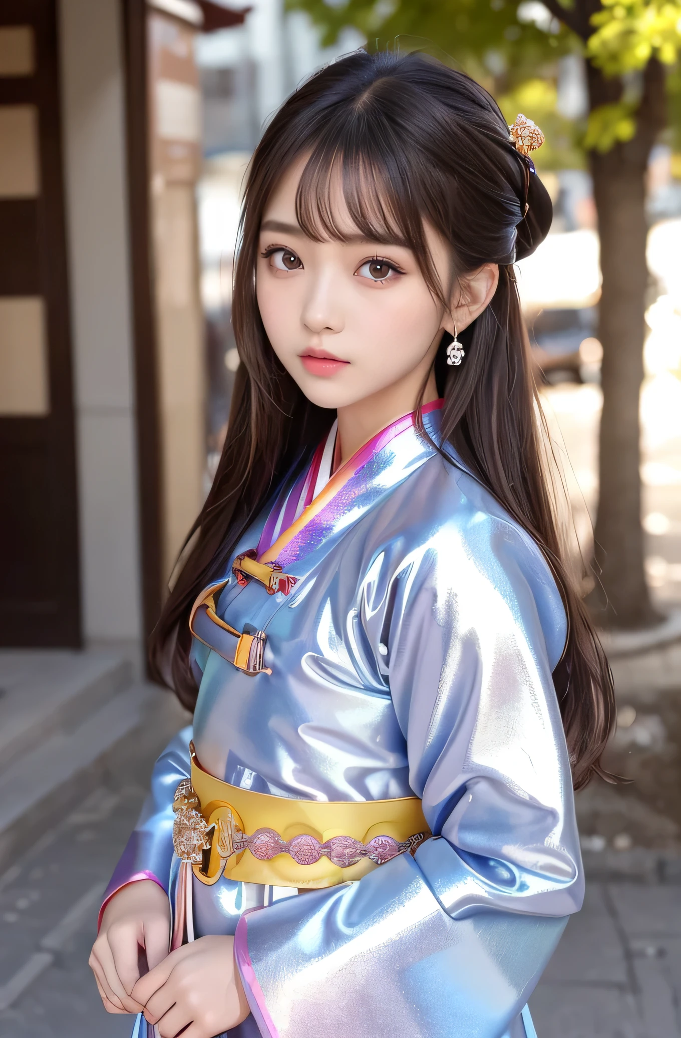 Angelic Very beautiful cute girl,11 yo,
Beautiful detailed eyes,
Detailed double eyelids,
(Large eyes:1.4),
Long straight brown hair,
see-through bangs,
Sharp Focus,small straight nose,
beautiful detailed face and eyes,
drooping eyes,
(Soft Saturation: 1.3), (Fair skin: 1.2),BREAK (beautiful hanbok: 1.5),(Super shiny metallic gorgeous vivid colored Chima jeogori:1.4),(beautiful hanbok: 1.5),costume traditionally worn by Korean women,
Walking,
Brown hair,
(korean Chimajeogori:1.4) , (costume with strong reflective surfaces:1.5),
Costume lighting,
In the street