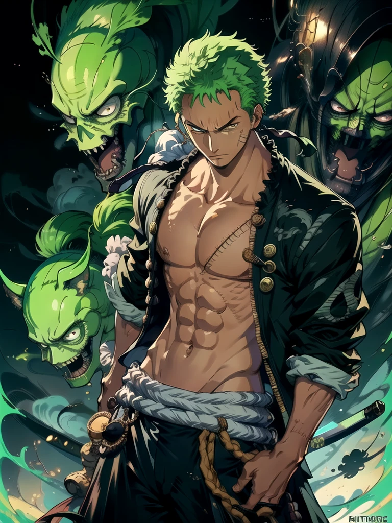 (best quality,ultra-detailed,realistic:1.37),anime one piece,zoro,oil painting,portrait,green hair,scarred face,dark background,determined expression,detailed clothes,long sword,fierce eyes,brave,adventurous,pirate king,anime style,sharp focus,vivid colors,strong lighting,mysterious atmosphere,confident posture,zoro from one piece fan art.