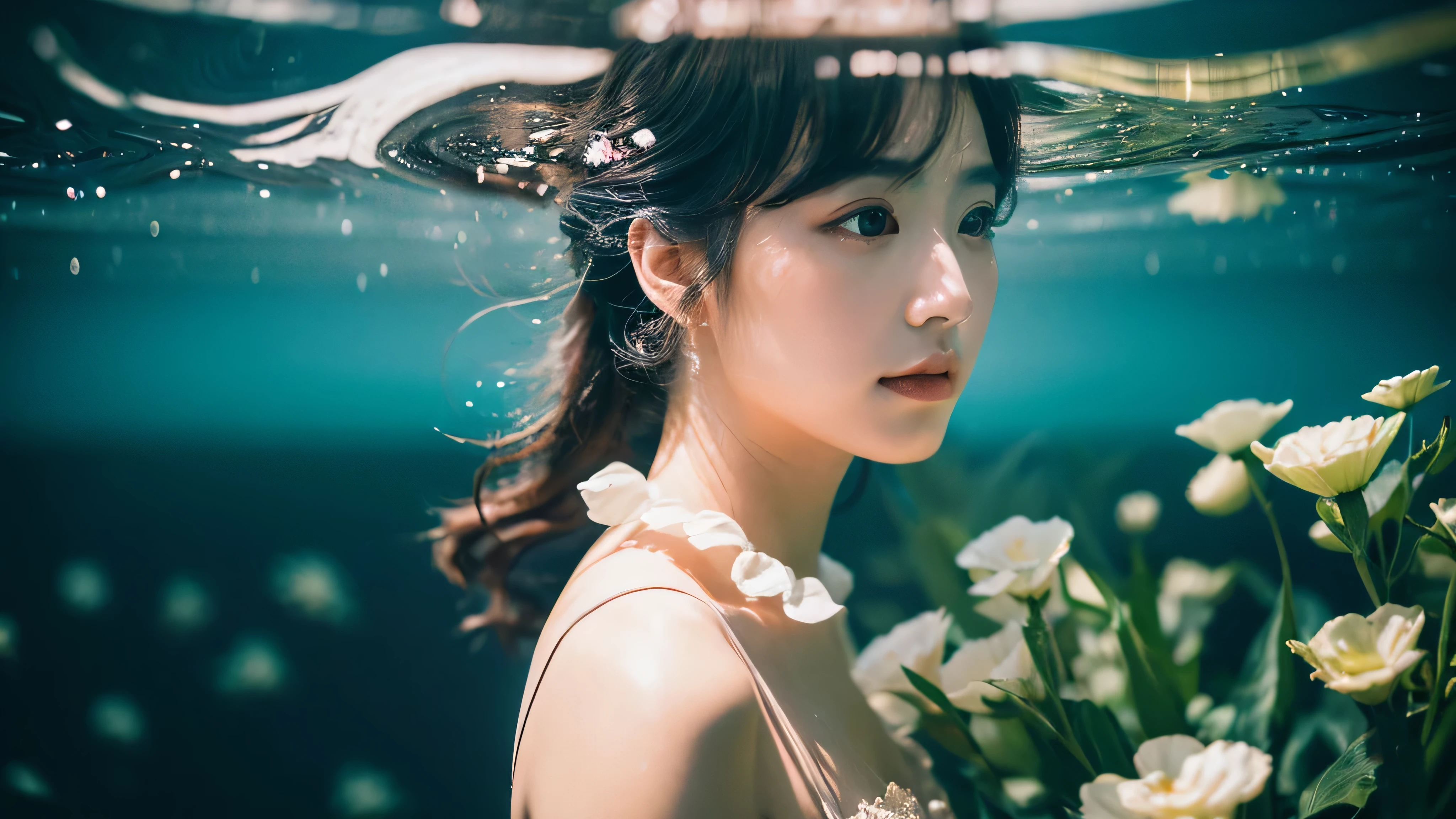 Photographed with Sony A6000 A beautiful woman turned into a fossil angelicales beautiful decadent sight、Gentle light、Water channels、subsurface、florals、krystal、Dark Fantasy