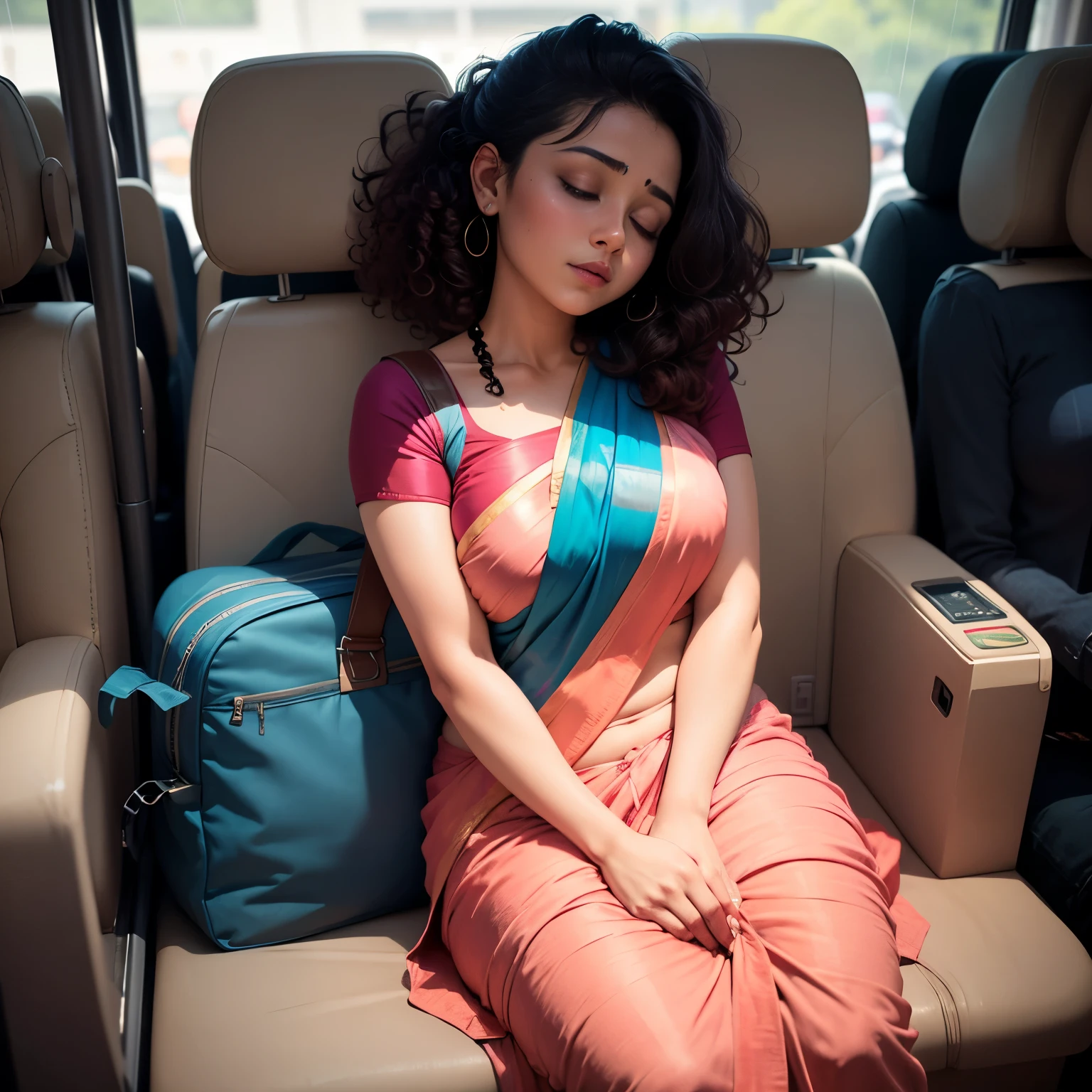1 beautiful Indian woman, sleeping with her mouth open, lips open, sleeping sitting on the indian bus seat, curly hair, all hair tied up with a hair clip in a single bun, Indian silk saree, wide, blue bag, curvy woman; chubby woman, full body view,outlined eyes, eyes closed, head resting on seat, sitting near window, head side down.on rain travel