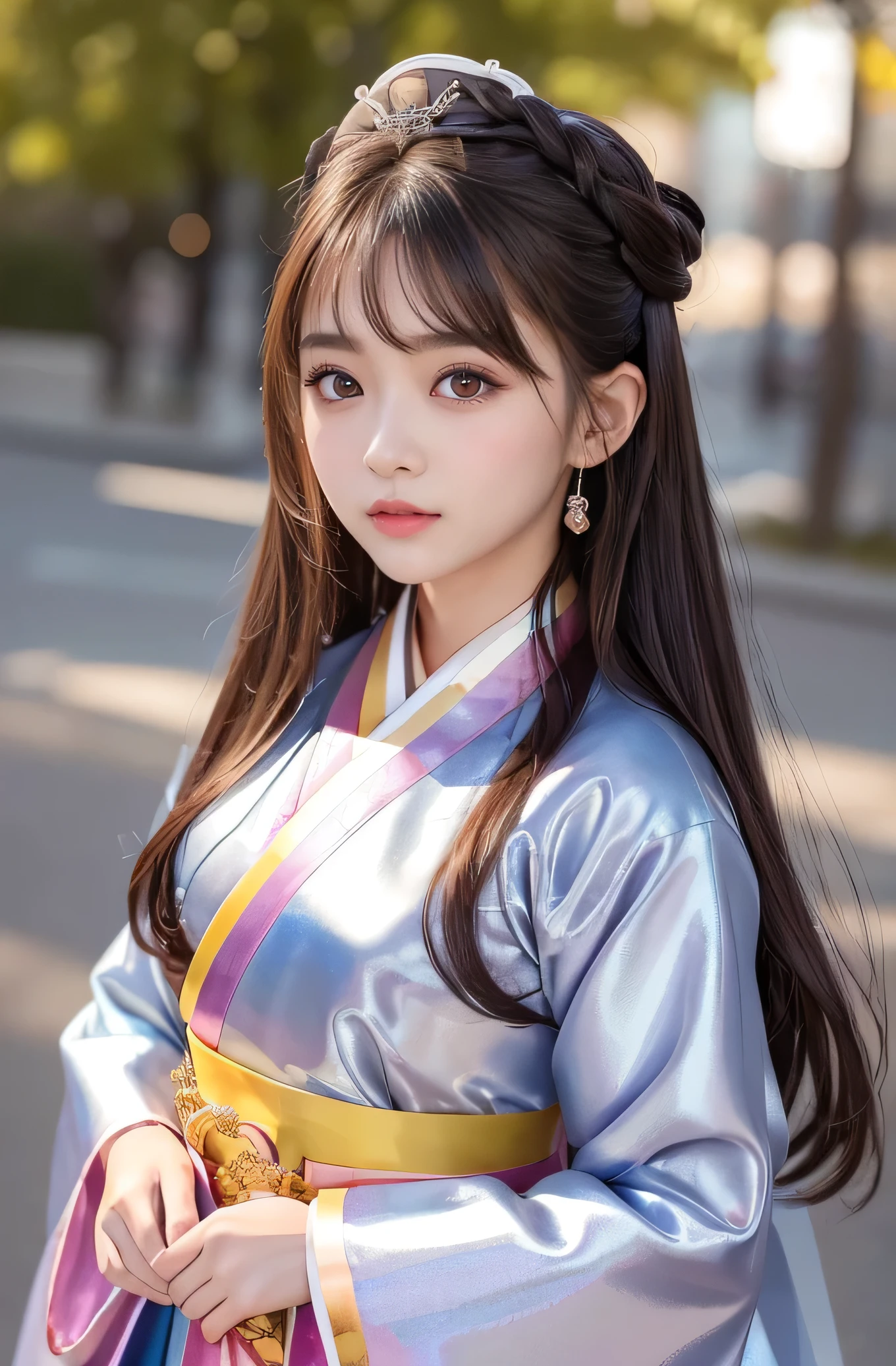 Angelic Very beautiful cute girl,11 yo,
Beautiful detailed eyes,
Detailed double eyelids,
(Large eyes:1.4),
Long straight brown hair,
see-through bangs,
Sharp Focus,small straight nose,
beautiful detailed face and eyes,
drooping eyes,
(Soft Saturation: 1.3), (Fair skin: 1.2),BREAK (very beautiful hanbok: 1.5),(Super shiny metallic gorgeous vivid colored Chima jeogori:1.4),(beautiful hanbok: 1.5),costume traditionally worn by Korean women,
Walking,
Brown hair,
(korean Chimajeogori:1.4) , (costume with strong reflective surfaces:1.5),
Costume lighting,
In the street
