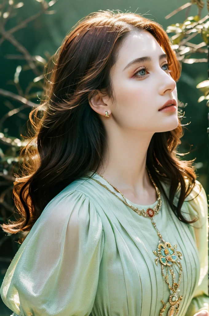 ( masterpiece, top quality, best quality,8k,17 years old girl,ultra detailed,raw photo:1.5),(photorealistic:1.4),(cinematic lighting), PerfectNwsjMajic, , Surrealism, UHD, ccurate, Super detail, textured skin, High detail, Best quality, dynamic angle, (high nose,White skin),[Beautiful blue eyes],(1girl),(good anatomy:0.5)), a woman in a dress, rococo queen, rococo fashion, rococo style portrait,rococo dress, rococo cyberpunk, No estilo de arte de Bowater, Senhora Vitoriana, Dreamy atmosphere,expressive brush strokes, mystical ambiance, Artistic interpretation, a whimsical illustration, Subtle colors and tones, face, (long hair), castle in the background ,