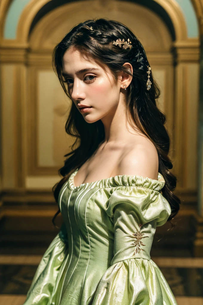 ( masterpiece, top quality, best quality,8k,17 years old girl,ultra detailed,raw photo:1.5),(photorealistic:1.4),(cinematic lighting), PerfectNwsjMajic, , Surrealism, UHD, ccurate, Super detail, textured skin, High detail, Best quality, dynamic angle, (high nose,White skin),[Beautiful blue eyes],(1girl),(good anatomy:0.5)), a woman in a dress, rococo queen, rococo fashion, rococo style portrait,rococo dress, rococo cyberpunk, No estilo de arte de Bowater, Senhora Vitoriana, Dreamy atmosphere,expressive brush strokes, mystical ambiance, Artistic interpretation, a whimsical illustration, Subtle colors and tones, face, (long hair), castle in the background ,