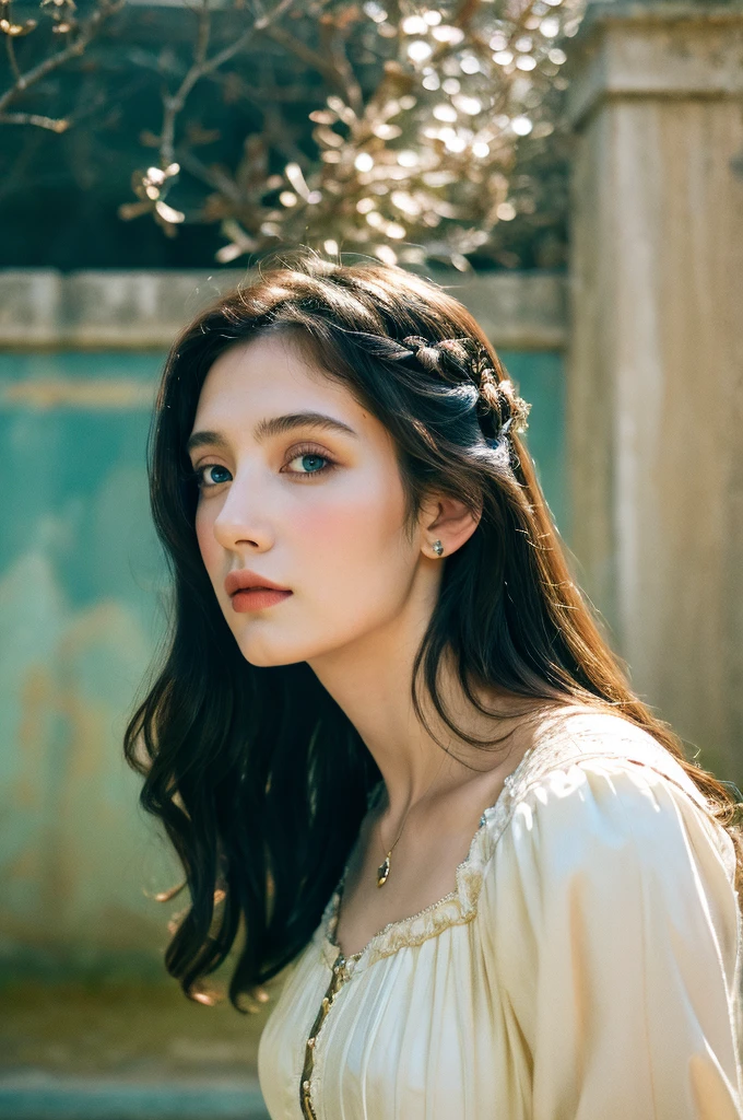 ( masterpiece, top quality, best quality,8k,17 years old girl,ultra detailed,raw photo:1.5),(photorealistic:1.4),(cinematic lighting), PerfectNwsjMajic, , Surrealism, UHD, ccurate, Super detail, textured skin, High detail, Best quality, dynamic angle, (high nose,White skin),[Beautiful blue eyes],(1girl),(good anatomy:0.5)), a woman in a dress, rococo queen, rococo fashion, rococo style portrait,rococo dress, rococo cyberpunk, No estilo de arte de Bowater, Senhora Vitoriana, Dreamy atmosphere,expressive brush strokes, mystical ambiance, Artistic interpretation, a whimsical illustration, Subtle colors and tones, face, (long hair), castle in the background ,
