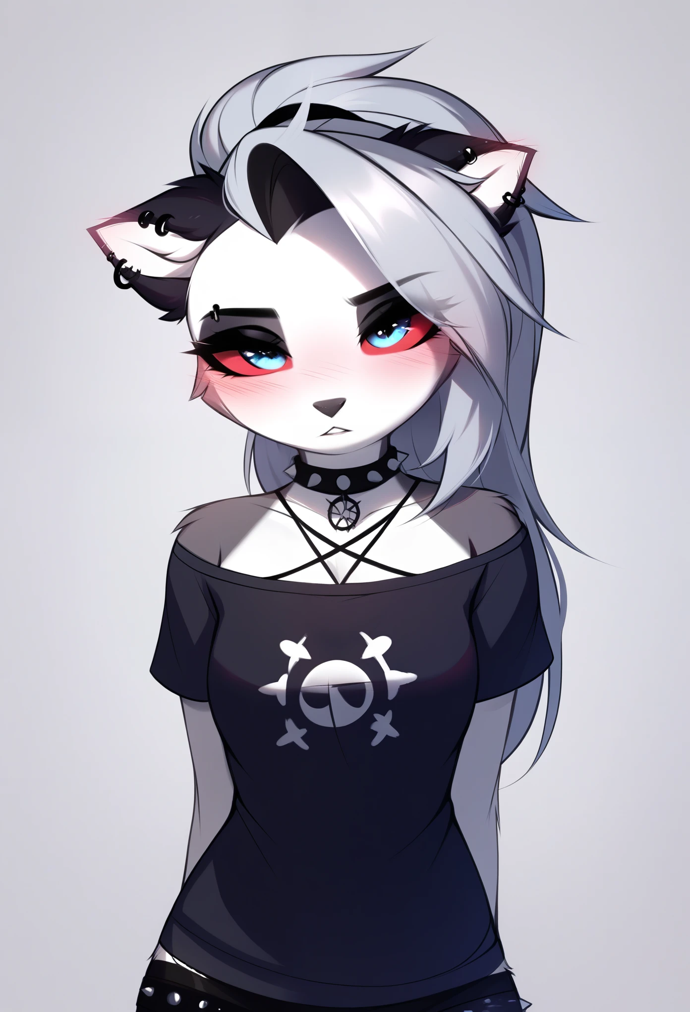 score_9, score_8_up, score_7_up, source_furry, rating_safe, by magnaluna, loona posing seductively in a goth bedroom, anthro, blushing, 