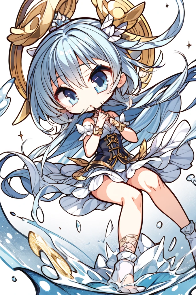 (masterpiece, highest quality), One girl, cute,young,Blue Hair, blue eyes,  hand crystal ice,Blue Magic Circle, Blue corset, Light blue knee socks,   Abstract, Learn the anatomy of the limbs、Pay attention to the number of legs、Add some gold to your outfit、princess、Water God、God of Healing、Sage、chibi character,chibi style,white background, Her pet is a bright red cat.,