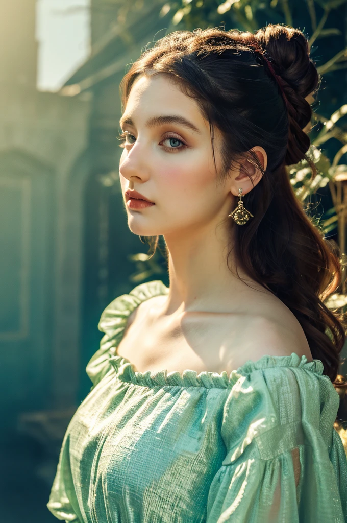 ( masterpiece, top quality, best quality,8k,17 years old girl,ultra detailed,raw photo:1.5),(photorealistic:1.4),(cinematic lighting), PerfectNwsjMajic, , Surrealism, UHD, ccurate, Super detail, textured skin, High detail, Best quality, dynamic angle, (high nose,White skin),[Beautiful blue eyes],(1girl),(good anatomy:0.5)), a woman in a dress, rococo queen, rococo fashion, rococo style portrait,rococo dress, rococo cyberpunk, No estilo de arte de Bowater, Senhora Vitoriana, Dreamy atmosphere,expressive brush strokes, mystical ambiance, Artistic interpretation, a whimsical illustration, Subtle colors and tones, sunny,face, (long hair), castle in the background ,