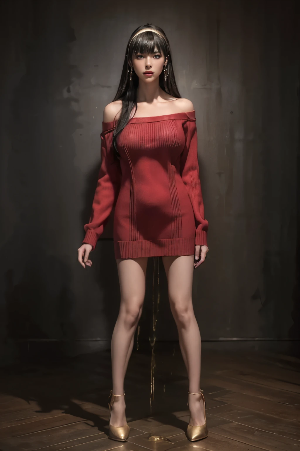 (best quality, masterpiece:1.2), (realistic,photorealistic:1.4),8k,RAW photo,high resolution, intricate details, extremely detailed, cinematic lighting, (full body, front view), solo, 1girl, a 24 years old female standing with spread legs apart,  (brown eyes), (dark hair, tendrils hair, bangs, white hair band, gold earrings, red sweater dress, short dress, off shoulder, bare shoulder, long sleeves, black thighhigh, high heels:1.4), sexy body, detailed eyes, detailed face, (huge breasts, thighs:1.3), slender beauty, slim, abs, tight waist, narrow waist, slender legs, beautiful long legs, photo background, indoors,
(peeing self, urine puddle,desperate pose for peeing,desperate face),