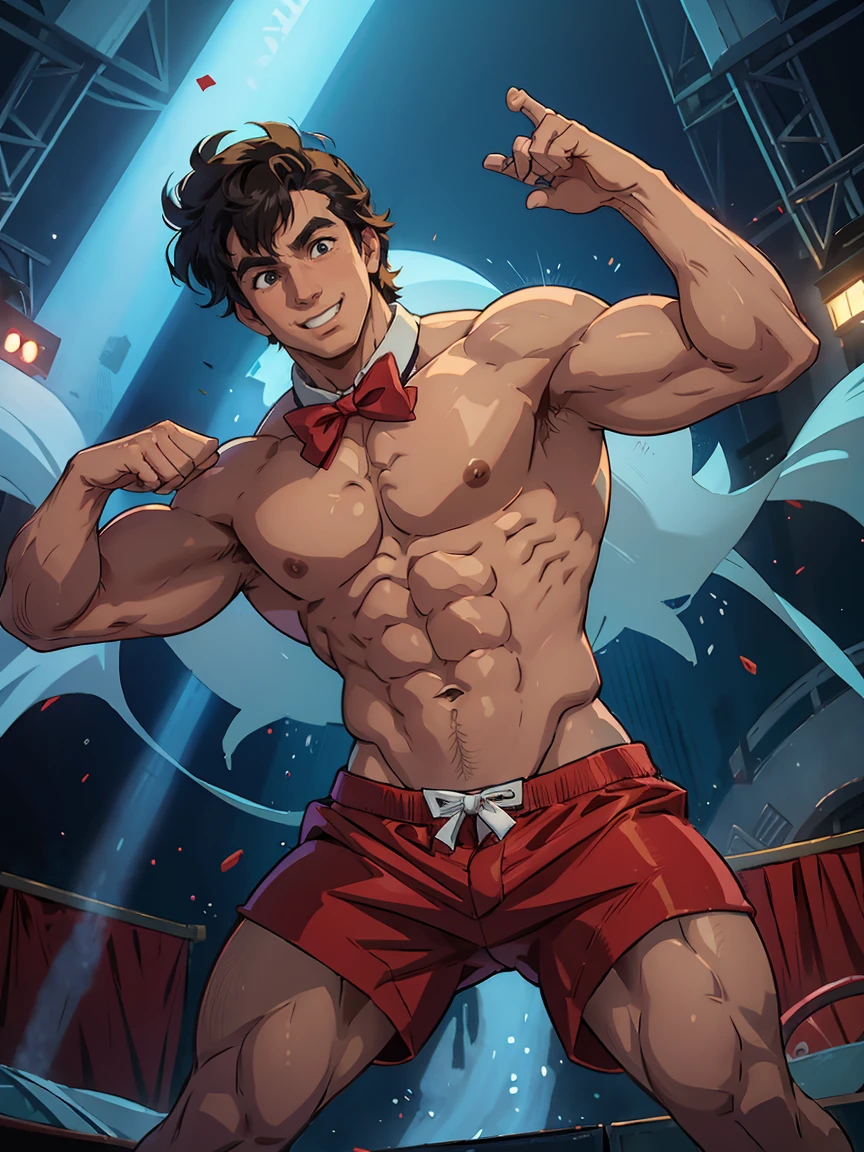 (saeba ryo city hunter )Wearing a big red bow tie, smiling, blue swimming trunks with yellow stars, dancing in front of the stage.