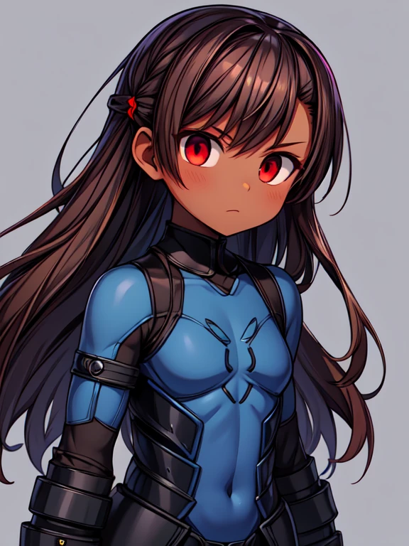 Dead or Alive Kasumi, Masterpiece High res, high definition, (((dark skin tone))),dark skin male, dark skin, cute shota,red eyes, black hairpin, brown hair, long dark brown hair, wearing a black exoskeleton,blue bodysuit,black exoskeleton ninja suit, blue design,