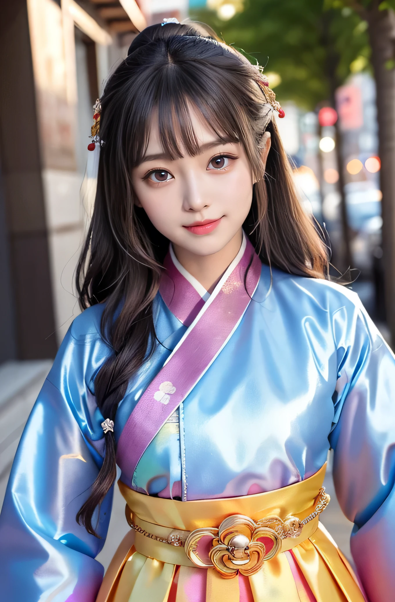 Angelic Very beautiful cute girl,11 yo,
Beautiful detailed eyes, 
Detailed double eyelids,
(Large eyes:1.4),
Long straight brown hair, 
see-through bangs,
Sharp Focus,small straight nose,
beautiful detailed face and eyes, 
drooping eyes,
(Soft Saturation: 1.3), (Fair skin: 1.2),BREAK (beautiful hanbok: 1.5),(Super shiny metallic gorgeous vivid colored Chima jeogori:1.4),(beautiful hanbok: 1.5),costume traditionally worn by Korean women,(Korea style),
Walking,(smile:1.5)
Brown hair,
(korean Chimajeogori:1.4) , (costume with strong reflective surfaces:1.5),
Costume lighting,
In the street,(smile:1.5)