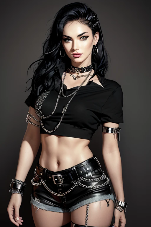 Megan Fox, ((Masterpiece, best quality)),smirk,smug,edgQuality
edgpshorts, a woman in a black top and shorts  with chains on her waist , wearing edgpshorts
 