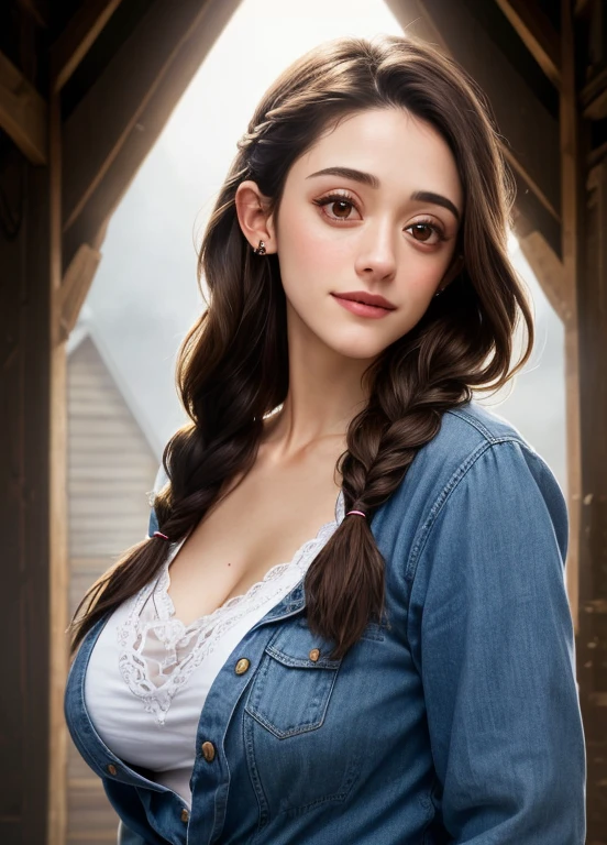 portrait of Emmy Rossum, proud Big Breasts, long hair, wearing casual wear , with dark brown Fishtail braid , background barn epic (photo, studio lighting, hard light, sony a7, 50 mm, matte skin, pores, colors, hyperdetailed, hyperrealistic),  
