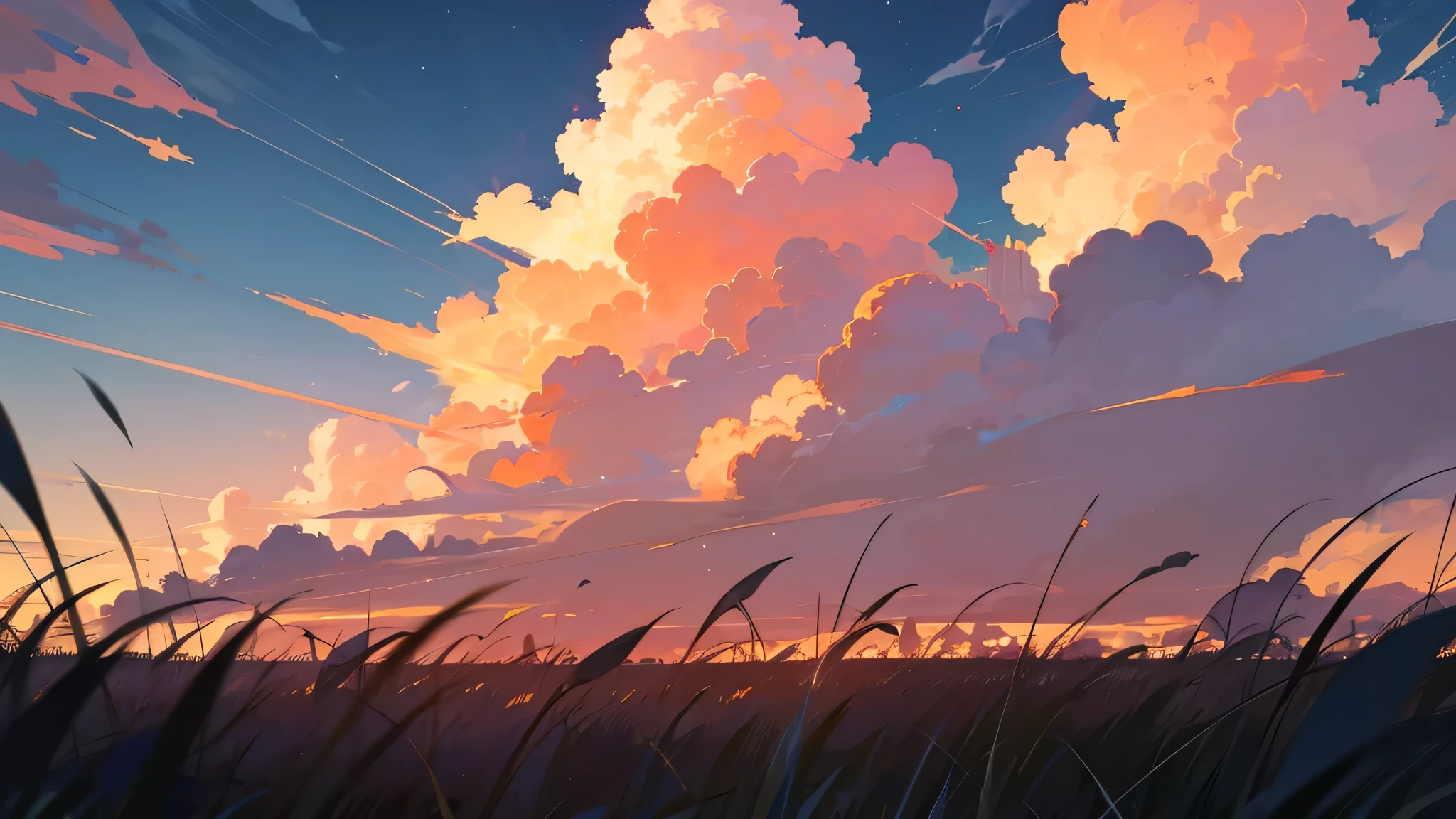 clouds and grass and sunset night sky 