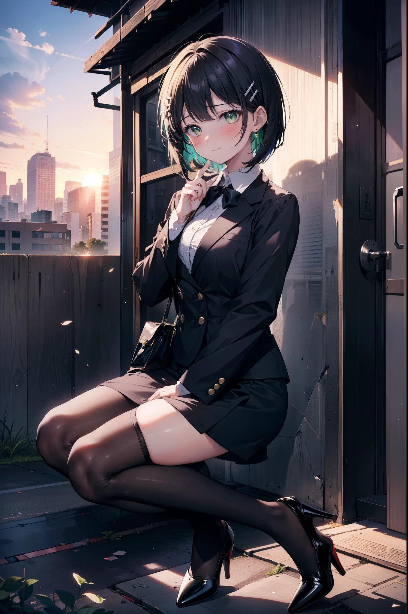 Suguhakirigaya, Suguhakirigaya, (Green Eyes:1.2), hair ornaments, Hair Clip, short hair, Black Hair,smile,blush,happy smile, smile, Open your mouth,OL, Black suit jacket, Collared jacket, White dress shirt, Collared shirt, Neckline, button, Black pencil skirt, Black pantyhose,Stiletto heels,Sunset,evening,The sun is setting,walking,whole bodyがイラストに入るように,
break outdoors, city,construction area,crowd, people々々々,
break looking at viewer, whole body,
break (masterpiece:1.2), highest quality, High resolution, unity 8k wallpaper, (shape:0.8), (Beautiful details:1.6), Highly detailed face, Perfect lighting, Highly detailed CG, (Perfect hands, Perfect Anatomy),