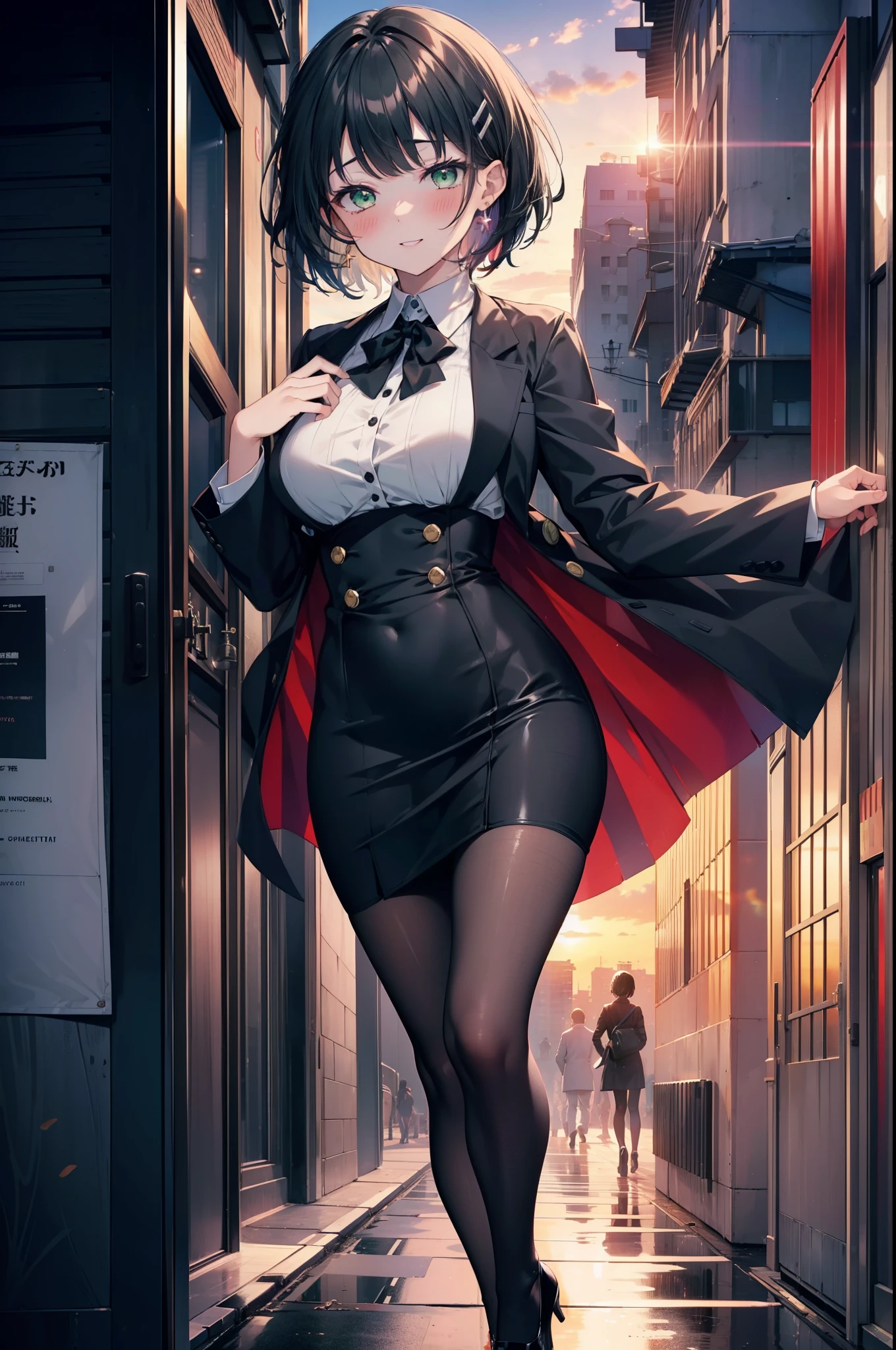 Suguhakirigaya, Suguhakirigaya, (Green Eyes:1.2), hair ornaments, Hair Clip, short hair, Black Hair,smile,blush,happy smile, smile, Open your mouth,OL, Black suit jacket, Collared jacket, White dress shirt, Collared shirt, Neckline, button, Black pencil skirt, Black pantyhose,Stiletto heels,Sunset,evening,The sun is setting,walking,whole bodyがイラストに入るように,
break outdoors, city,construction area,crowd, people々々々,
break looking at viewer, whole body,
break (masterpiece:1.2), highest quality, High resolution, unity 8k wallpaper, (shape:0.8), (Beautiful details:1.6), Highly detailed face, Perfect lighting, Highly detailed CG, (Perfect hands, Perfect Anatomy),